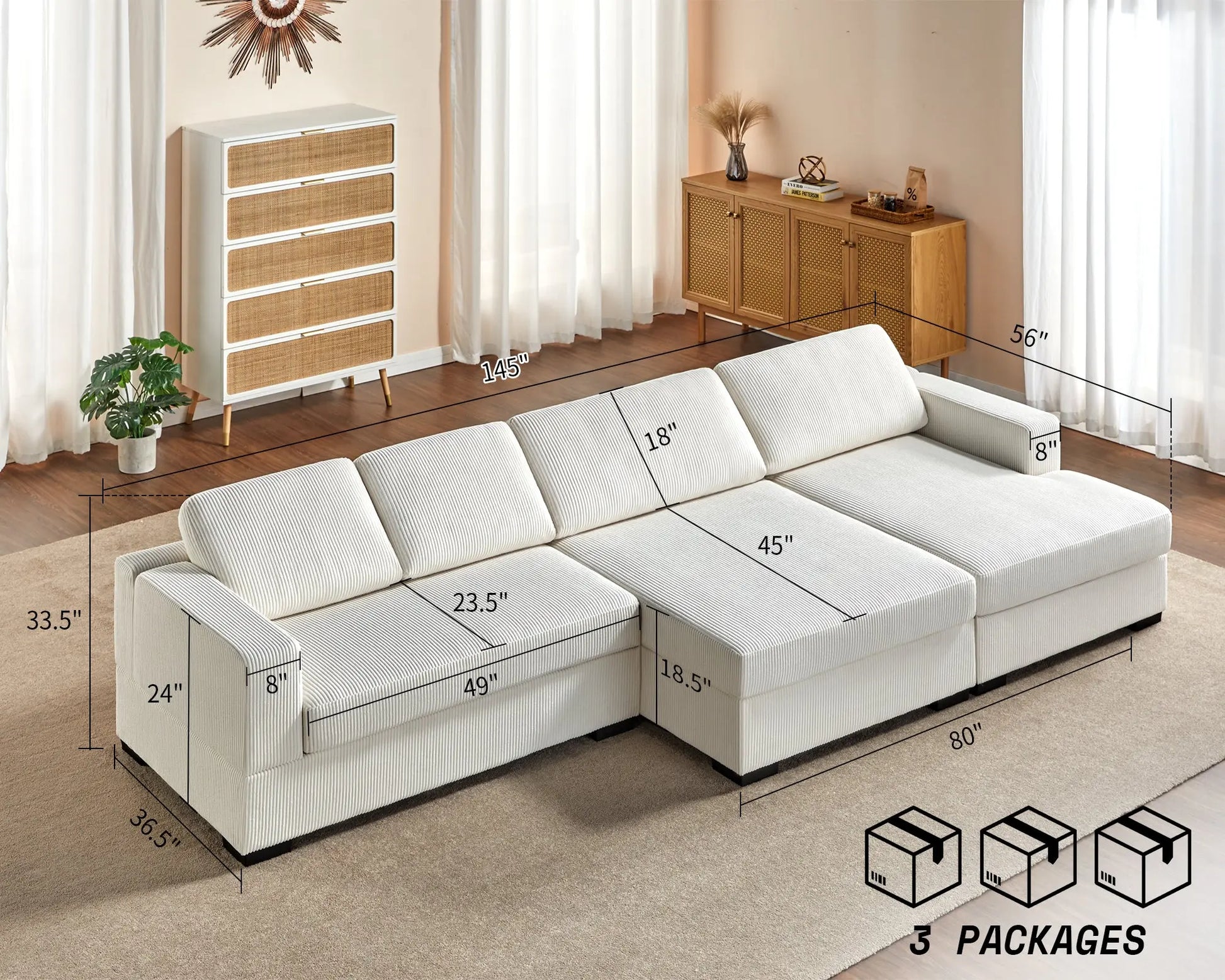 Right Double Chaise Sofa / Corduroy White