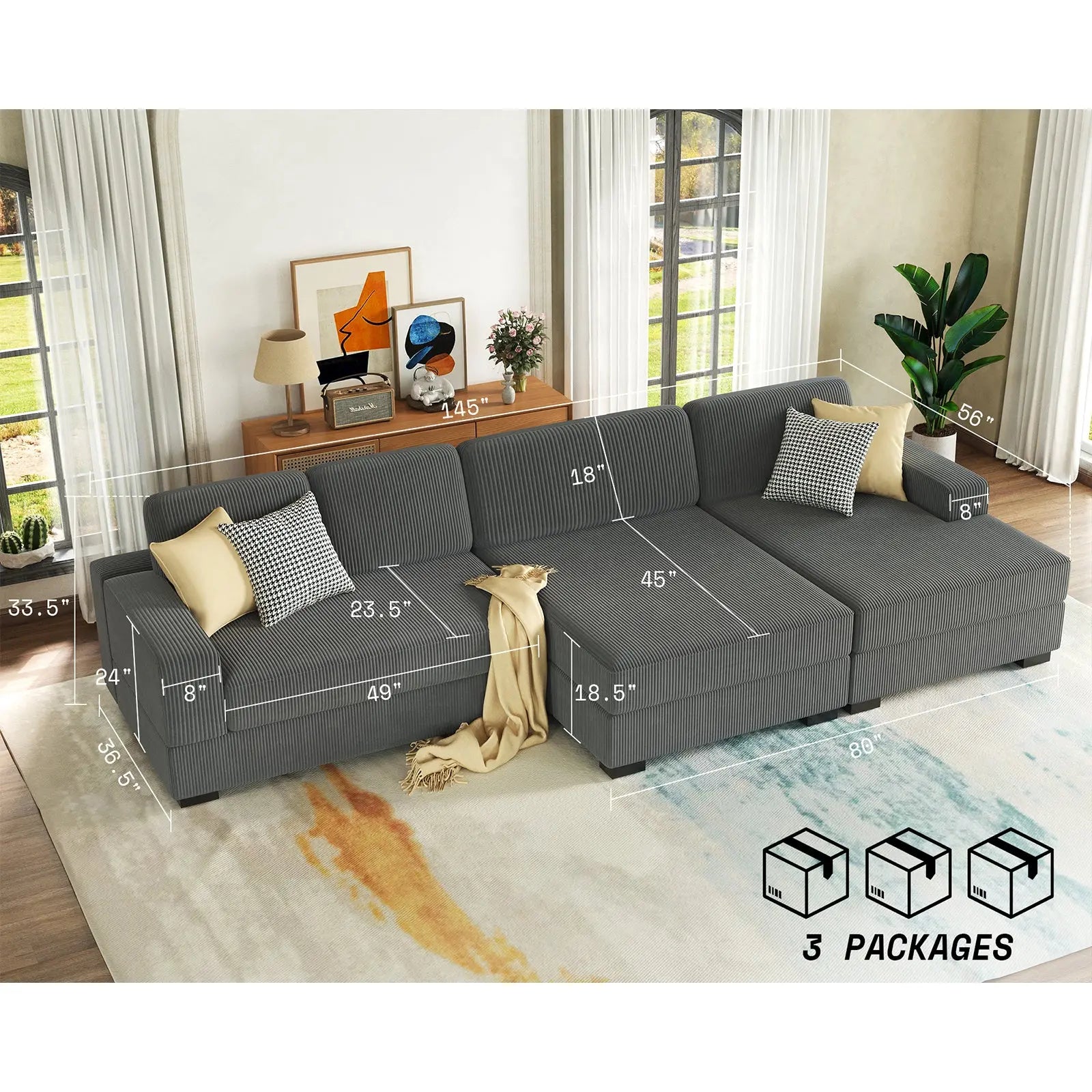 Right Double Chaise Sofa / Corduroy Gray