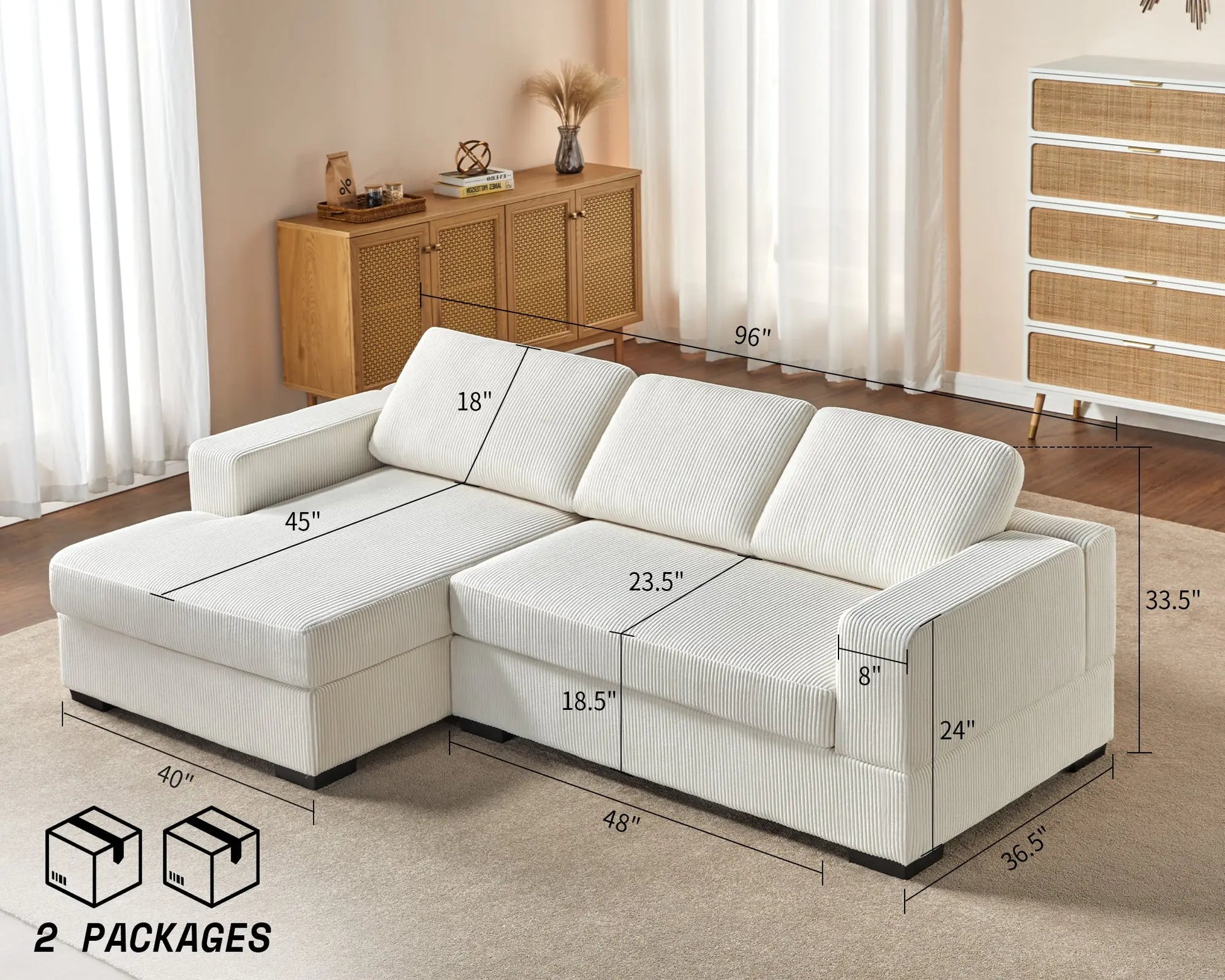 Left Single Chaise Sofa / Corduroy White