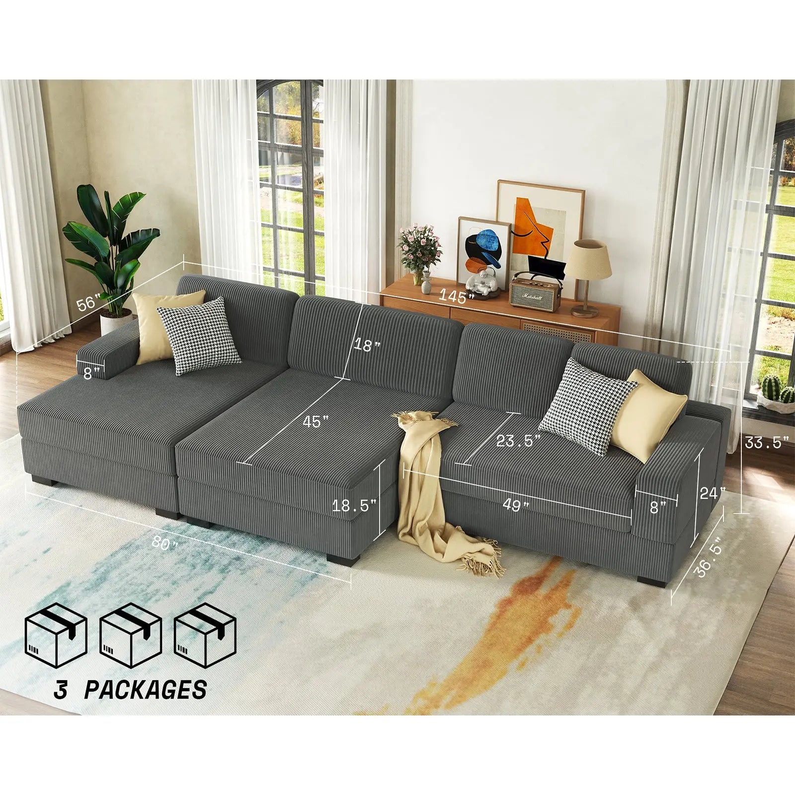 Left Double Chaise Sofa / Corduroy Gray