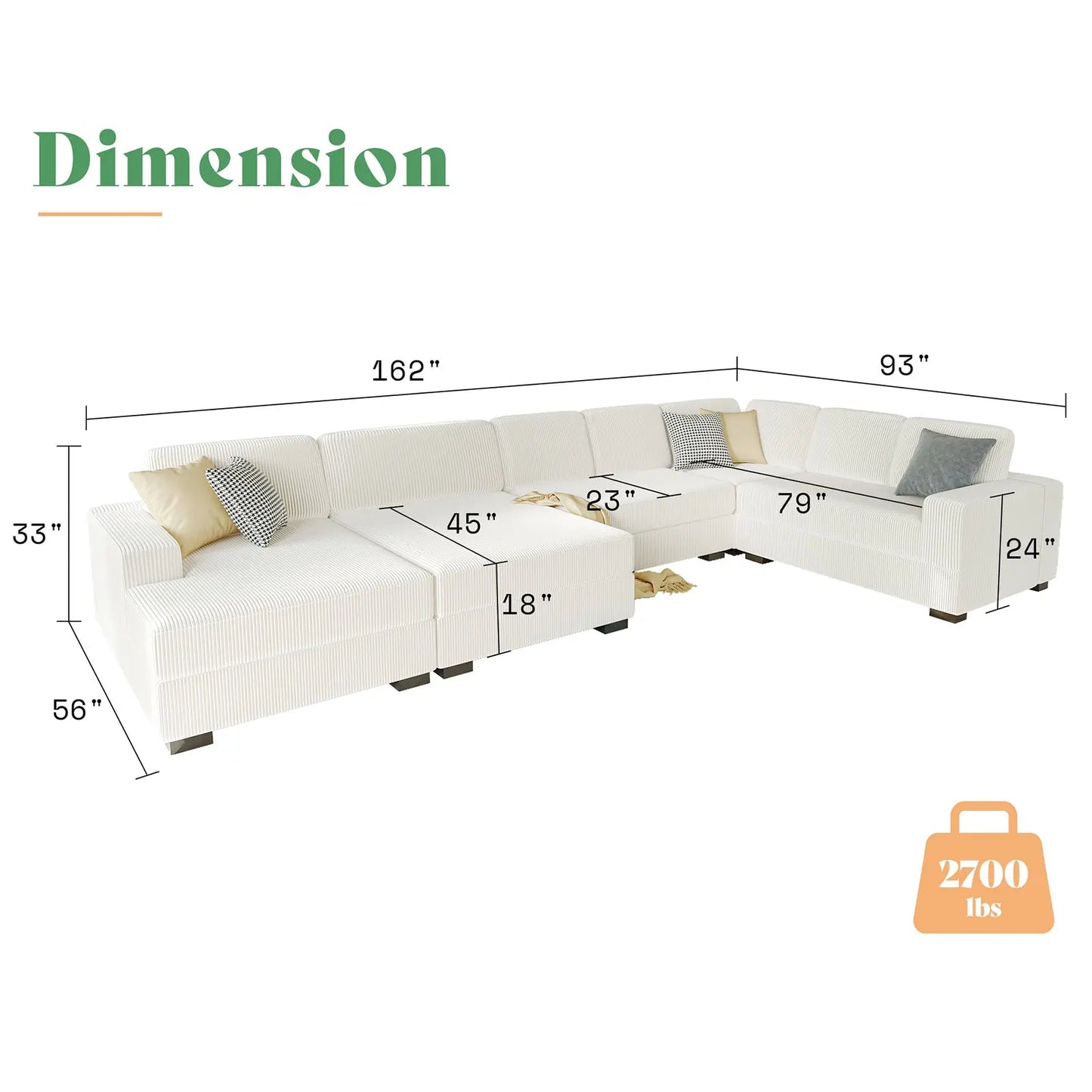 Left Double Chaise U-Shape / Corduroy White