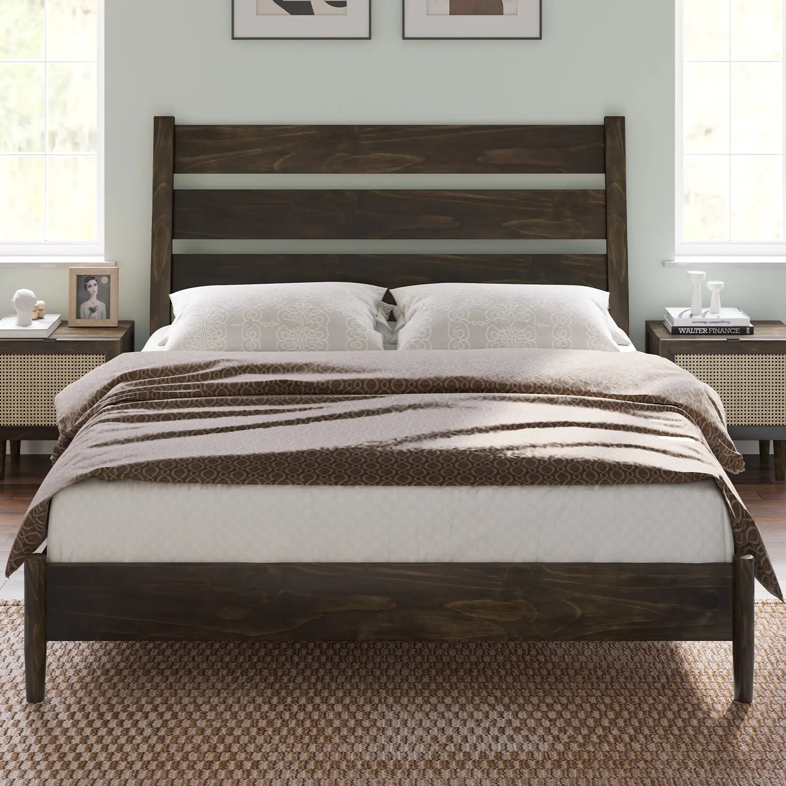 AMERLIFE Clifford Bed Frame Full Size Mid Century Reclining Slatted Headboard Solid Wood Bed Frame Light Brown