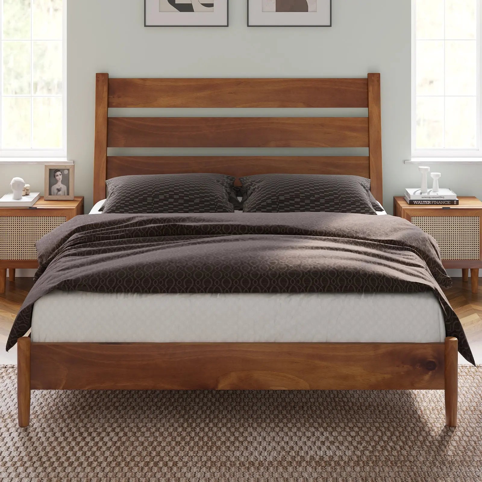 AMERLIFE Clifford Bed Frame Full Size Mid Century Reclining Slatted Headboard Solid Wood Bed Frame Dark Brown