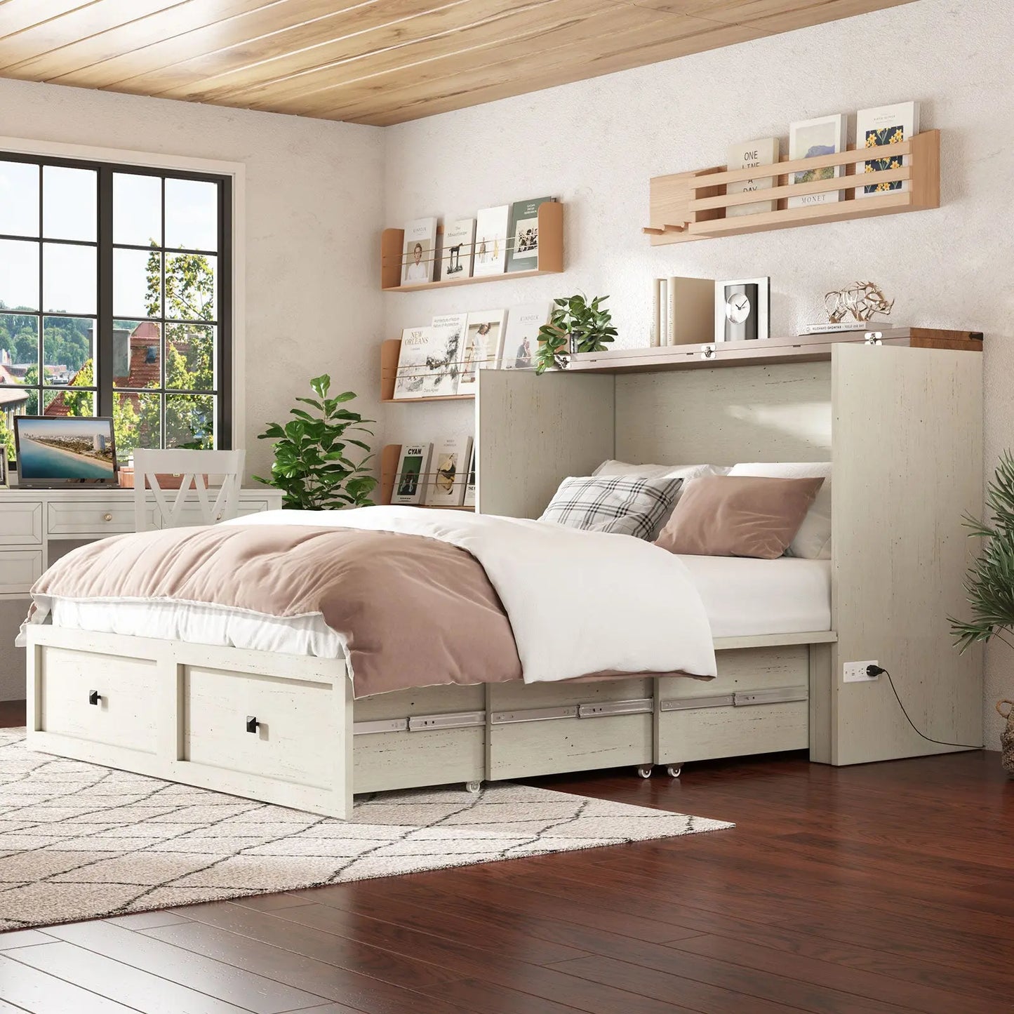 Colton Foldable Murphy Bed - Queen / Rustic Wihte