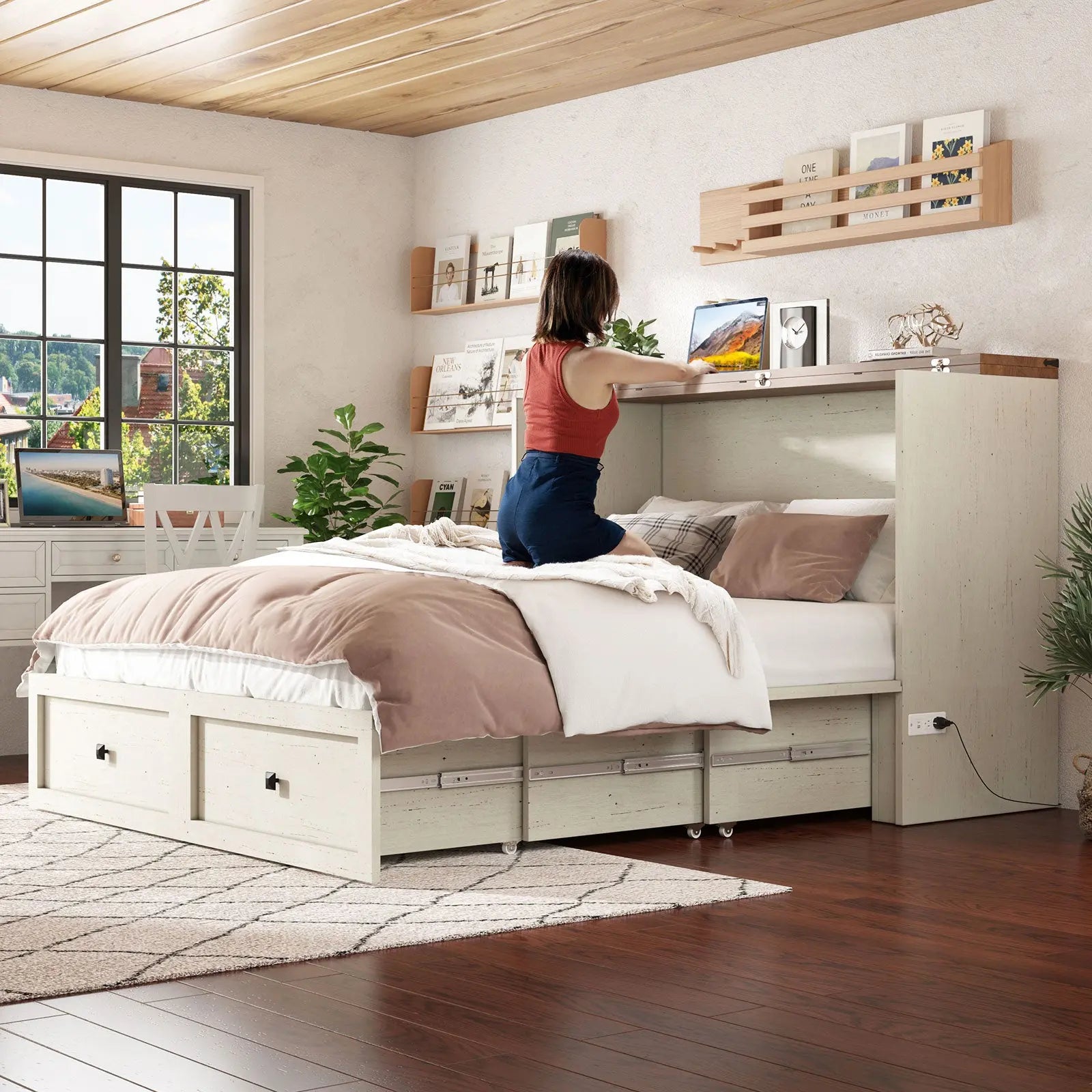 Amerlife Colton Foldable Murphy Bed Farmhouse Murphy Cabinet with Foldable Panel Full / Rustic White Amerlife Colton Foldable Murphy Bed Farmhouse Murphy Cabinet with Foldable Panel Full / Rustic White