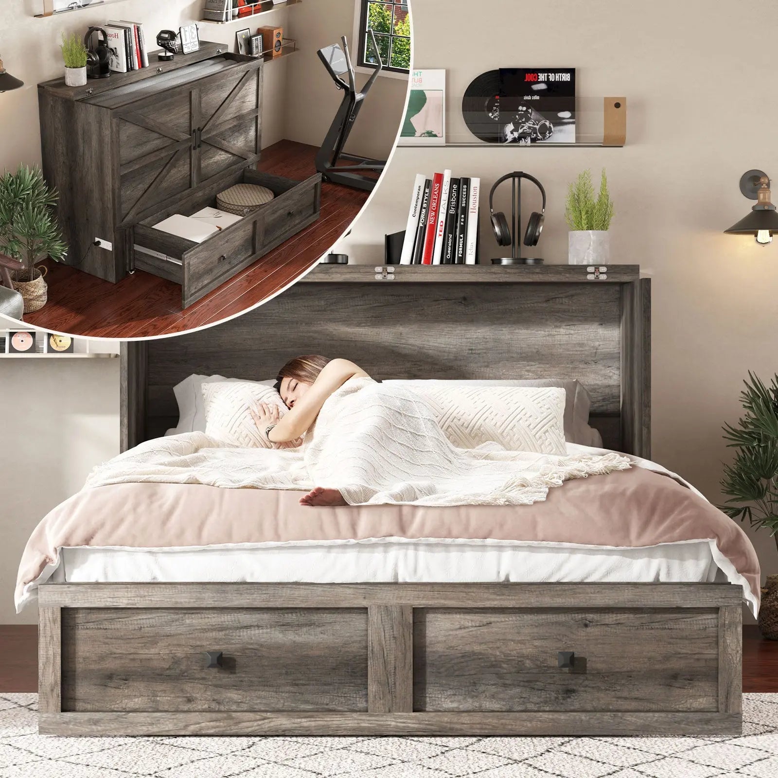 Colton Foldable Murphy Bed - Queen / Rustic Grey