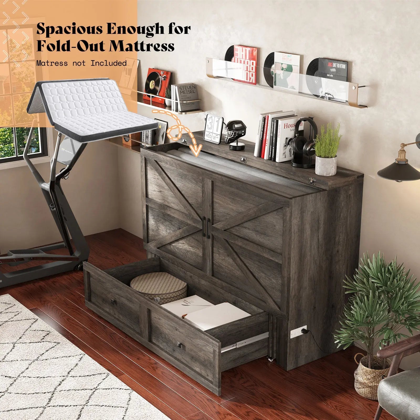 Colton Foldable Murphy Bed - Queen / Rustic Grey