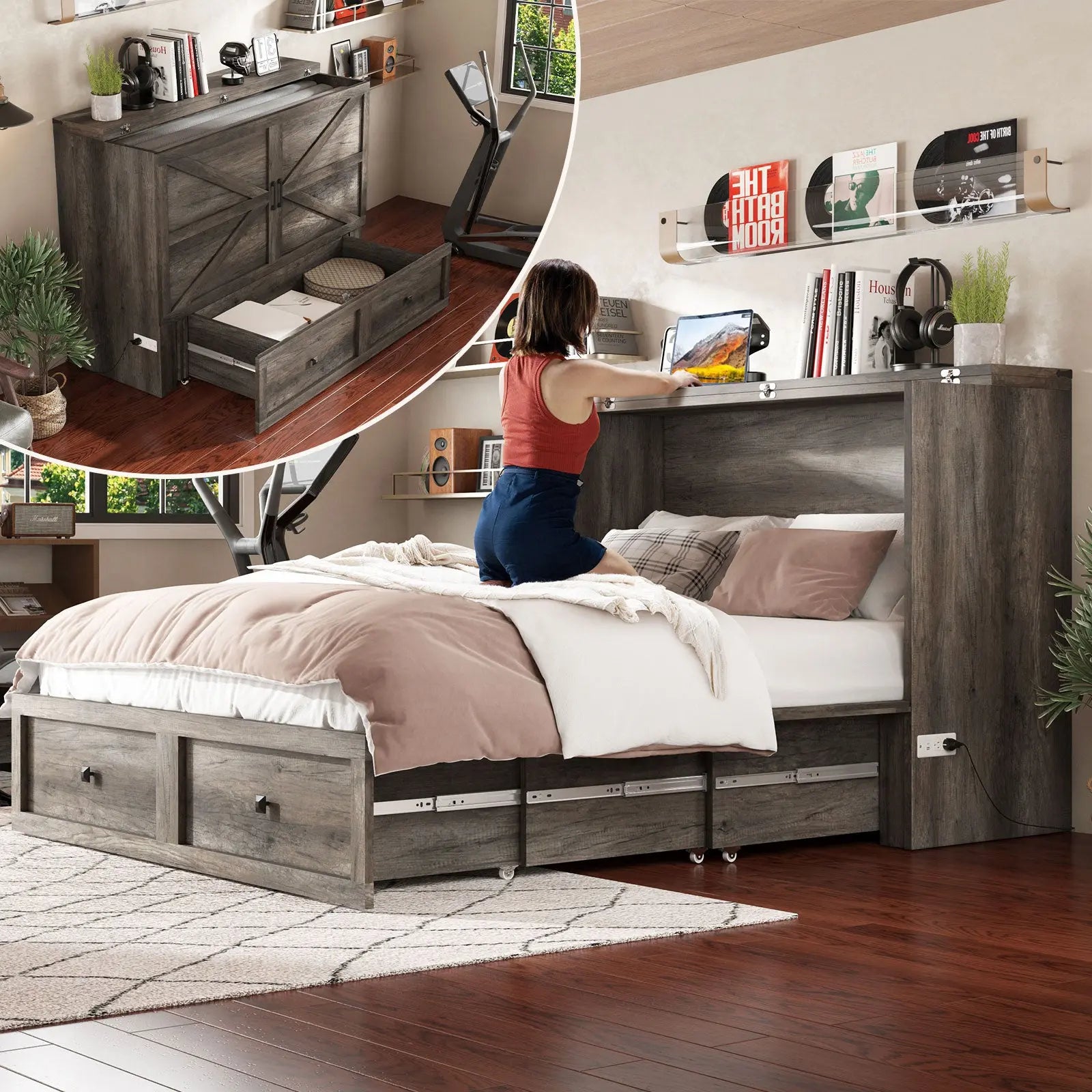 Amerlife Colton Foldable Murphy Bed Farmhouse Murphy Cabinet with Foldable Panel Full / Rustic White Amerlife Colton Foldable Murphy Bed Farmhouse Murphy Cabinet with Foldable Panel Full / Rustic White