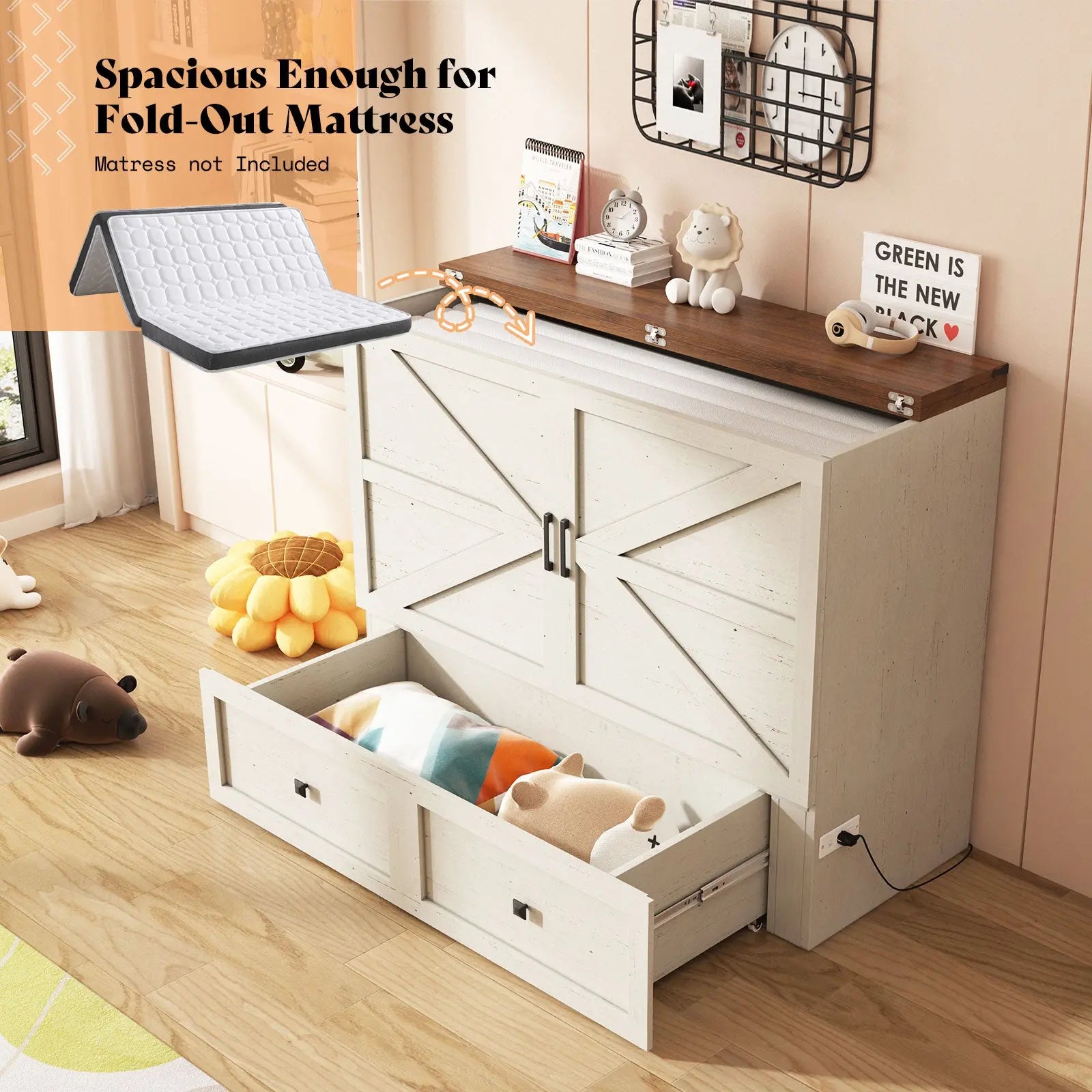 AMERLIFE Colton Foldable Murphy Bed Farmhouse Murphy Cabinet with Foldable Panel Full Rustic Grey
