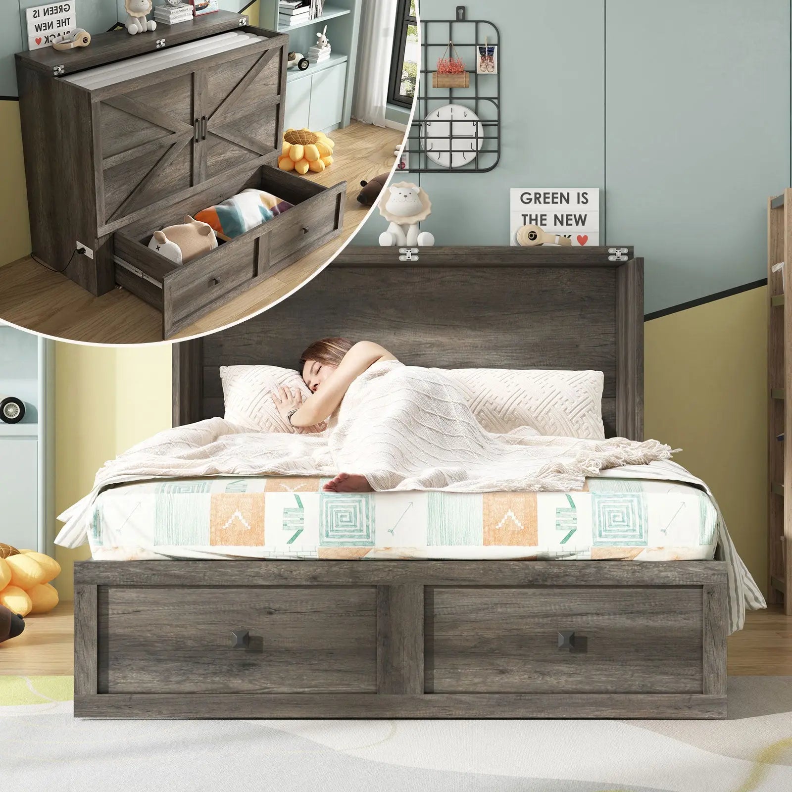 Amerlife Colton Foldable Murphy Bed Farmhouse Murphy Cabinet with Foldable Panel, Full / Rustic Grey Amerlife Colton Foldable Murphy Bed Farmhouse Murphy Cabinet with Foldable Panel, Full / Rustic Grey