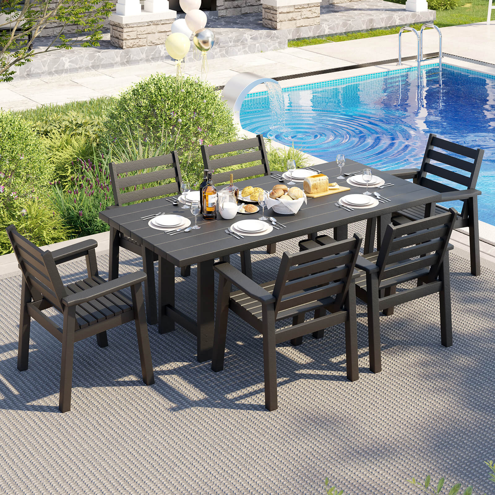 Beverly 7-Piece Outdoor Dining Table Set - Black