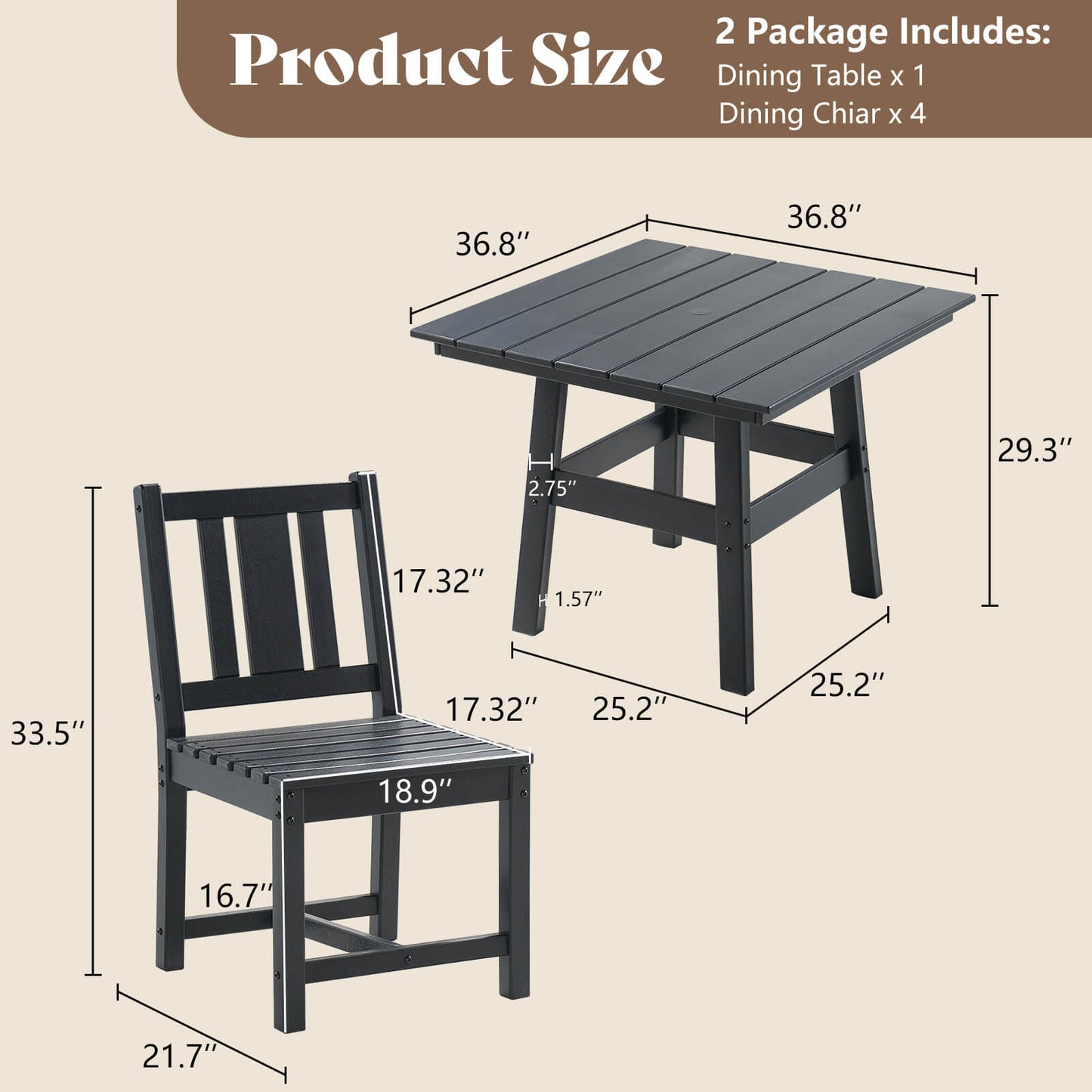 Monaco 5-Piece Outdoor Dining Table Set - Black