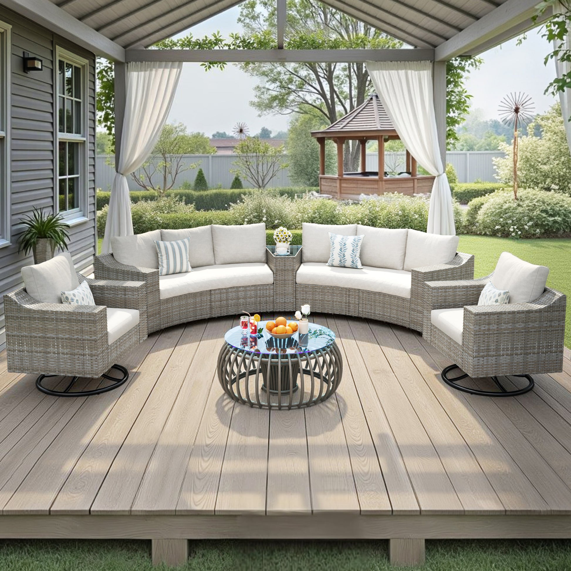 Caelo Wicker Patio Sectional Set 9 PCS - Swivel Glider & Sofa & Storage Table