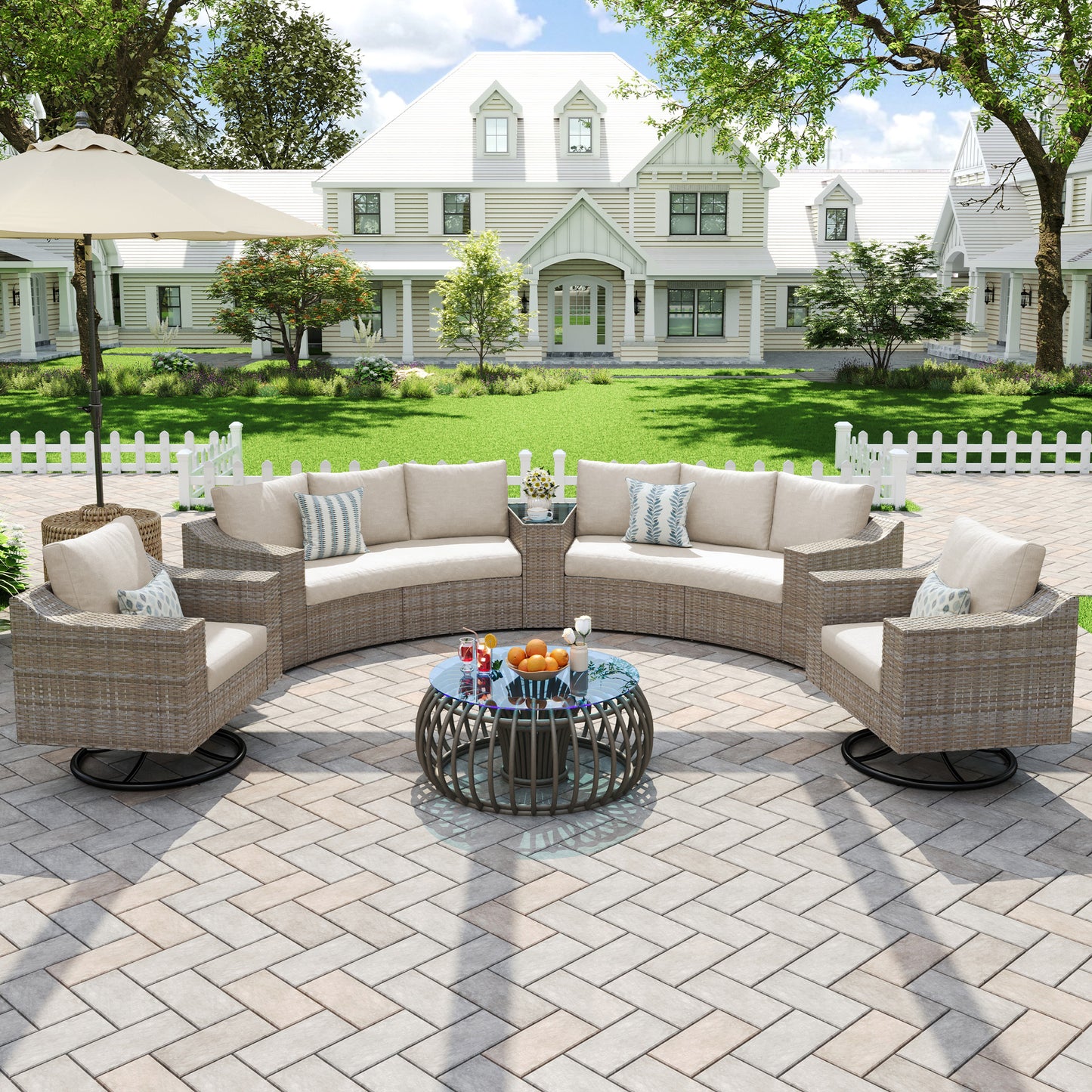 Caelo Wicker Patio Sectional Set 9 PCS - Swivel Glider & Sofa & Storage Table