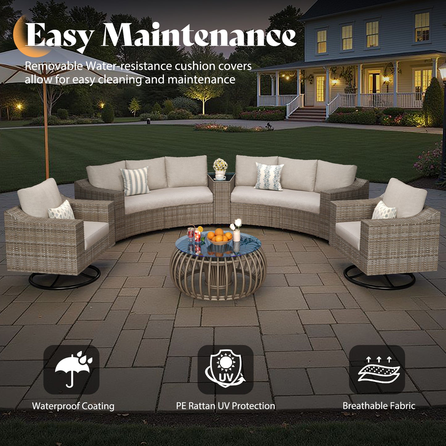 Caelo Wicker Patio Sectional Set 9 PCS - Swivel Glider & Sofa & Storage Table