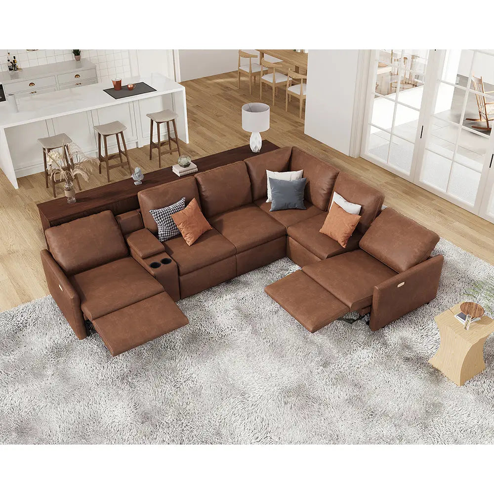 6 Seats L-shape / PU Leather / Brown