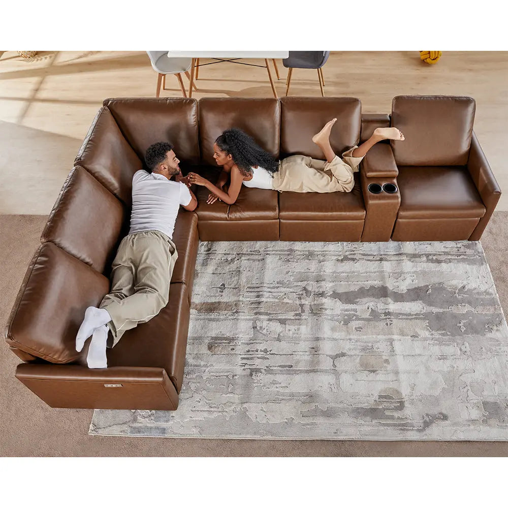 AMERLIFE Crew Function Sectional Sofa Power Recliner Leather Modular Sofa 5 Seats L Shape PU Leather Brown