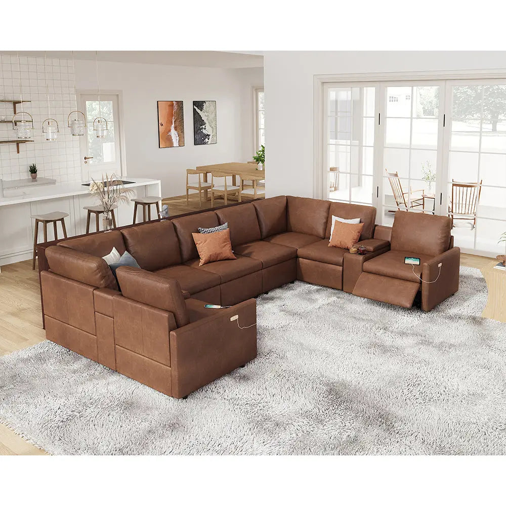 Brown leather u shaped sectional online