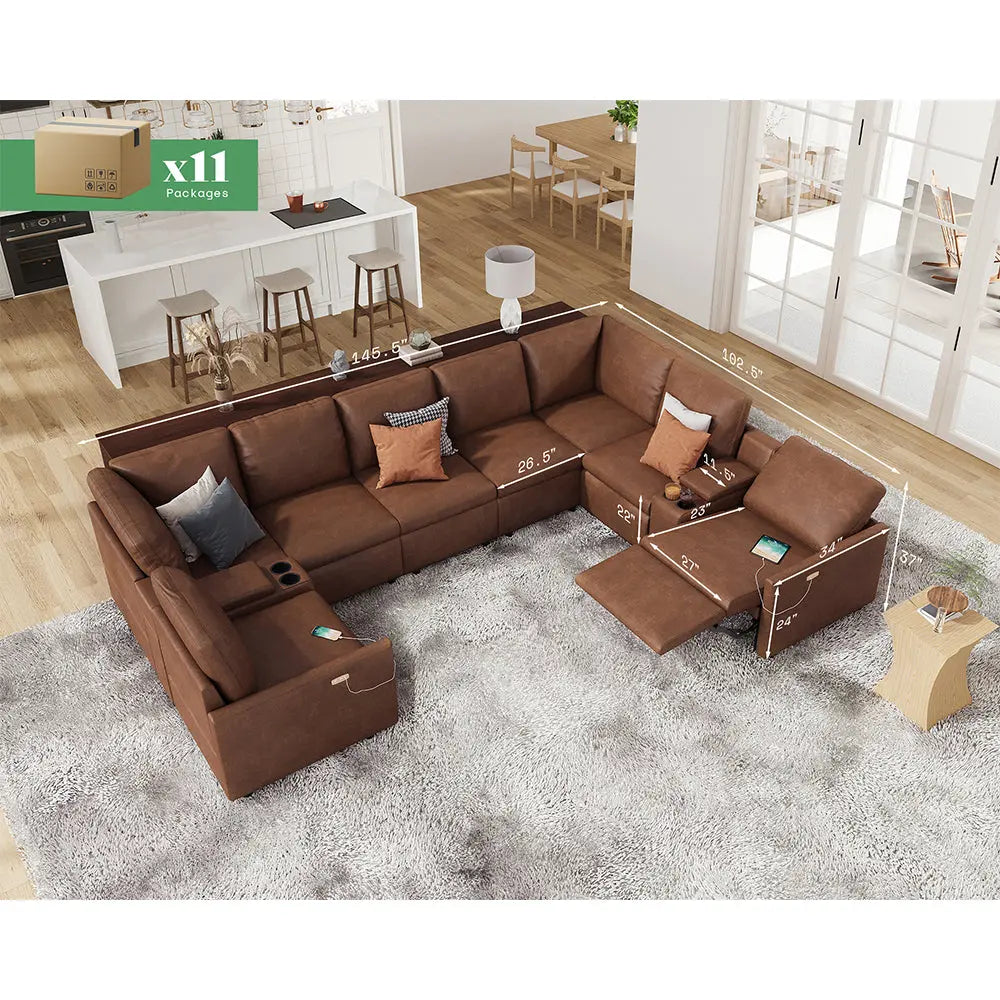 8 Seats U-shape / PU Leather / Brown