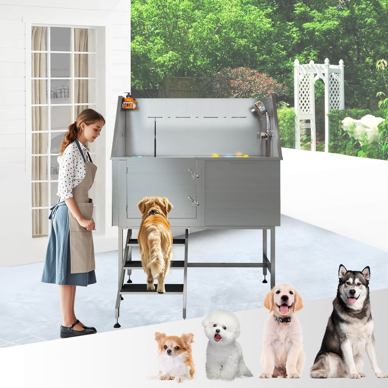 PawSpa Stainless Steel Dog Washing Station - Amerlife -  50-inch-Left-Ramp