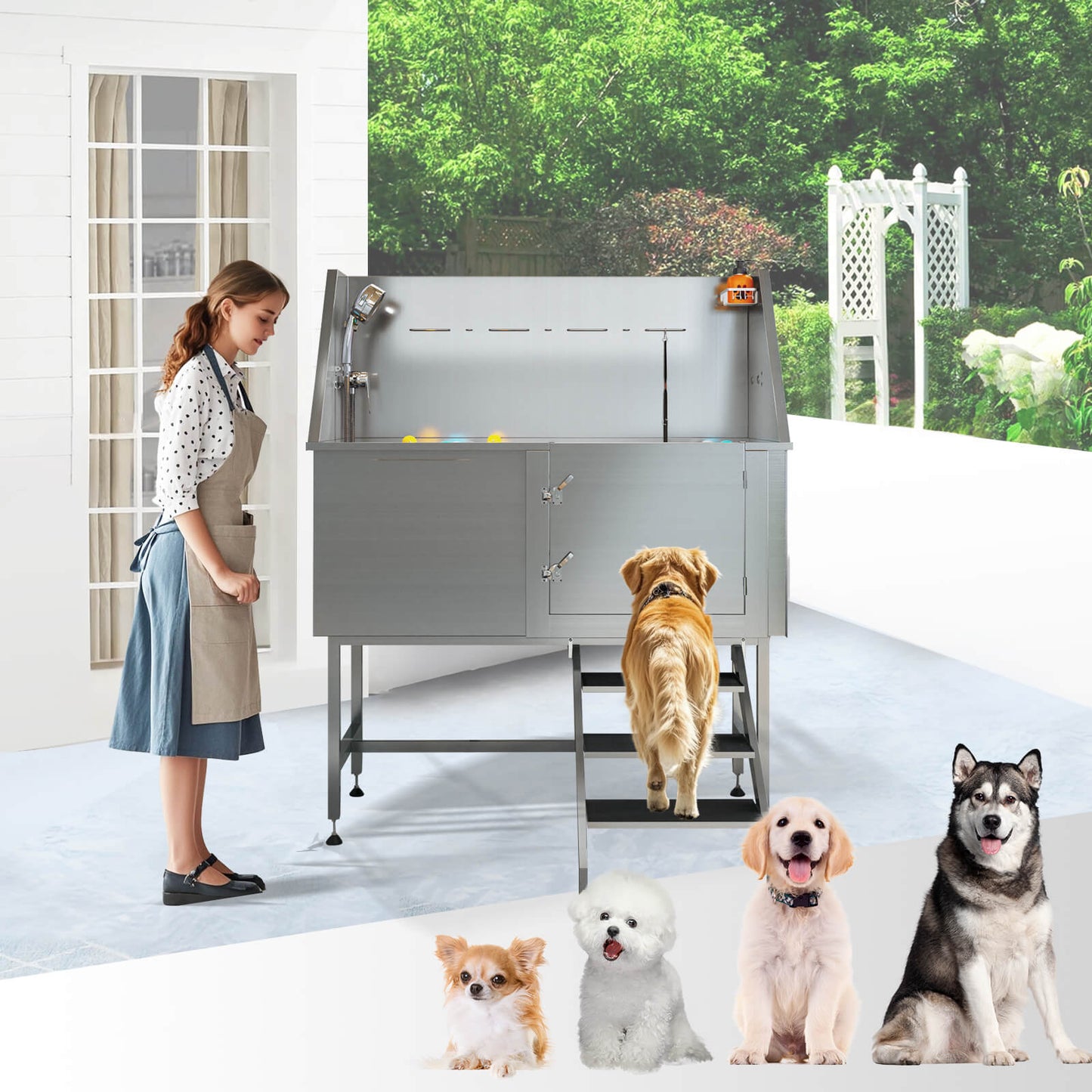 PawSpa Stainless Steel Dog Washing Station - Amerlife -  50-inch-Right-Ramp