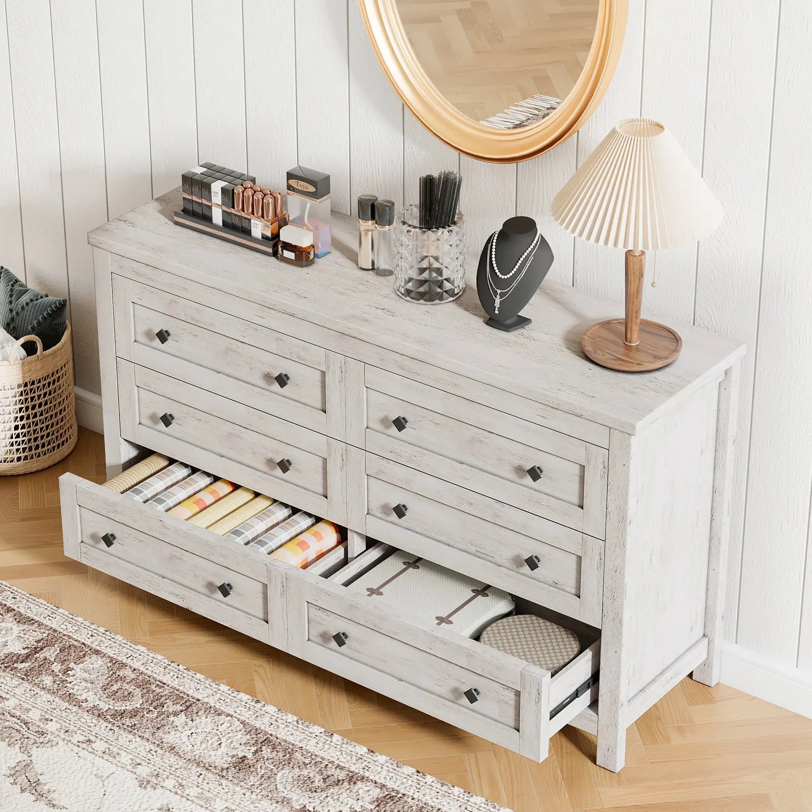 AMERLIFE Jacob Drawers Dresser Farmhouse Wood Vintage 6 Drawer Double Dresser Bedroom Living Room Rustic Grey