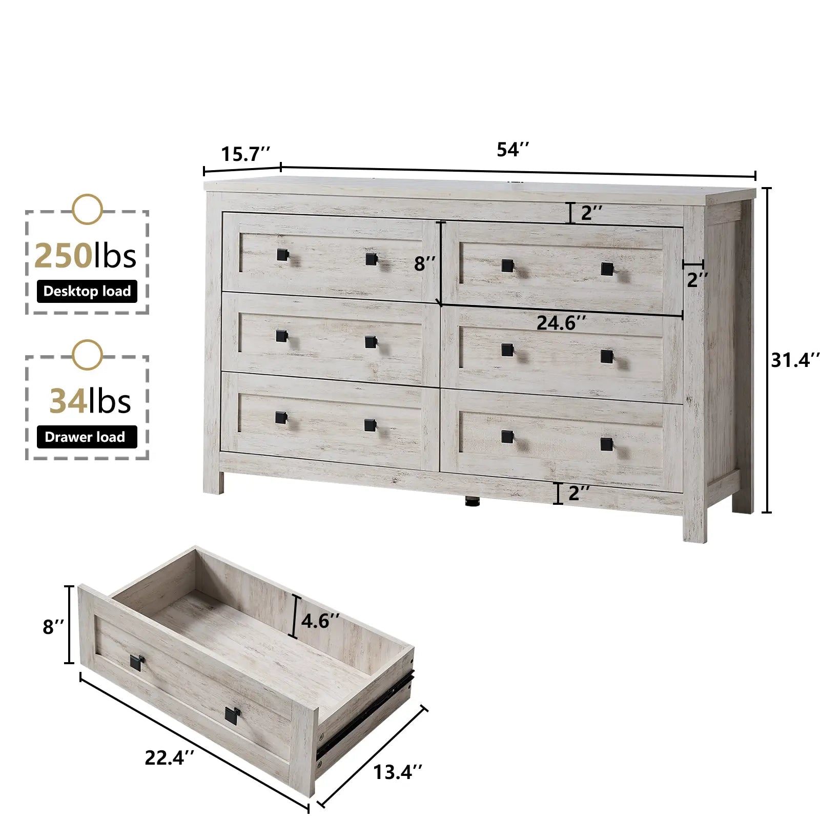 white dresser with wood Amerlife Jacob Drawers Dresser Farmhouse Wood Vintage 6 Drawer Double Dresser Bedroom Living Room, Rustic Grey