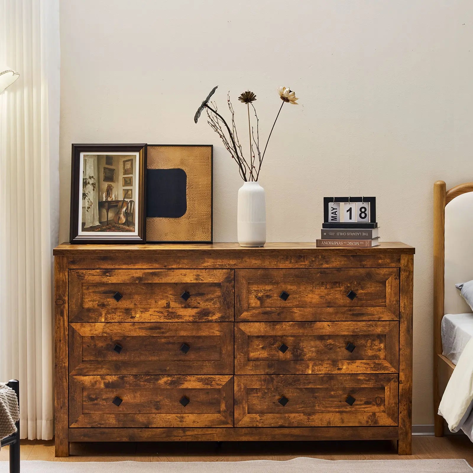 Amerlife Jacob Drawers Dresser Farmhouse Wood Vintage 6 Drawer Double Dresser Bedroom Living Room, Rustic Brown