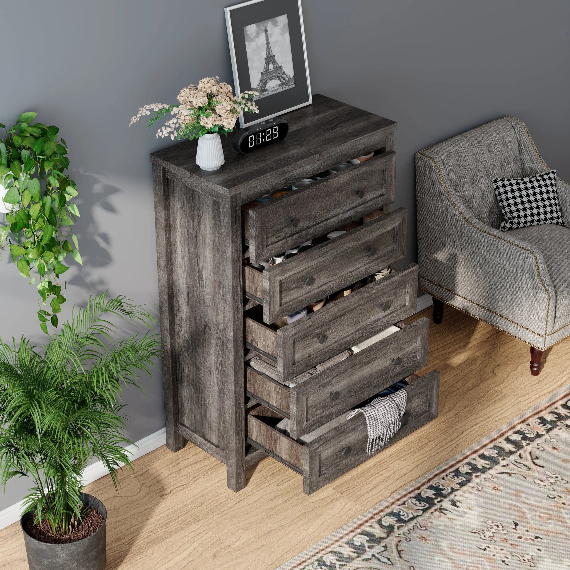 Amerlife Lenny Tall Drawers Dresser Vintage Farmhouse Wood Tall Chest Bedroom Living Room, Rustic Grey Amerlife Lenny Tall Drawers Dresser Vintage Farmhouse Wood Tall Chest Bedroom Living Room, Rustic Grey