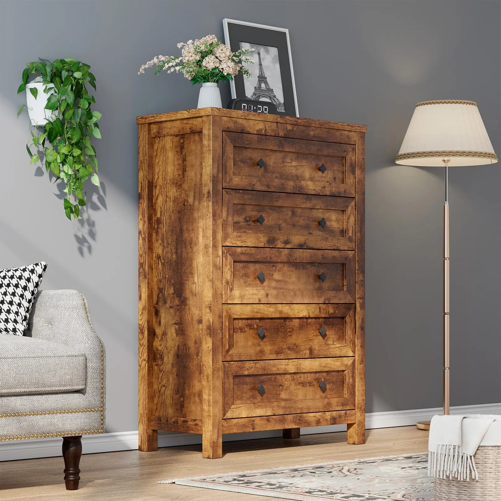 Amerlife Lenny Tall Drawers Dresser Vintage Farmhouse Wood Tall Chest Bedroom Living Room, Rustic Grey Amerlife Lenny Tall Drawers Dresser Vintage Farmhouse Wood Tall Chest Bedroom Living Room, Rustic Grey
