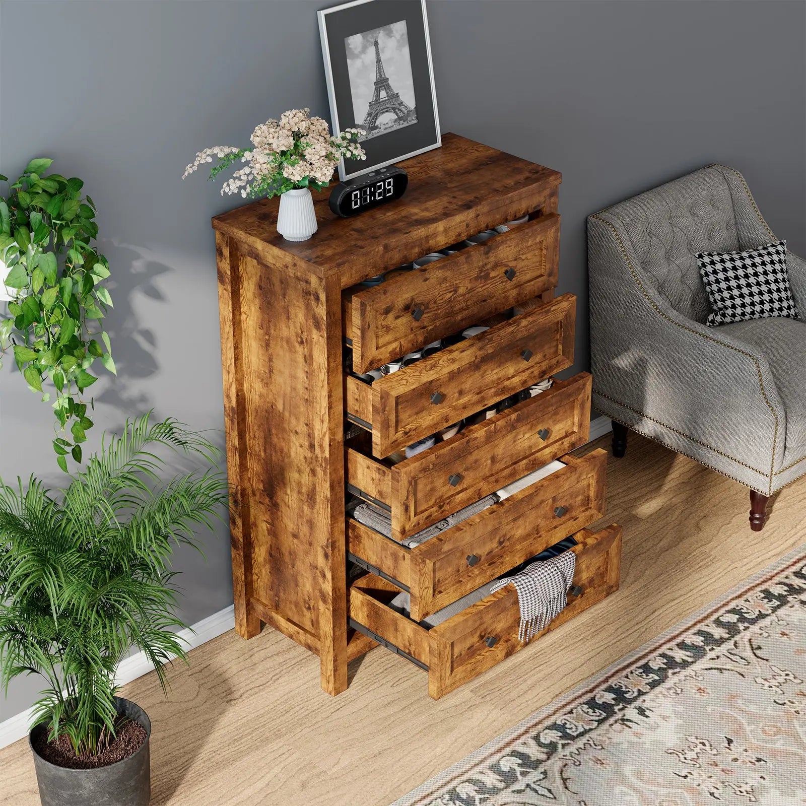AMERLIFE Lenny Tall Drawers Dresser Vintage Farmhouse Wood Tall Chest Bedroom Living Room Dark Oak
