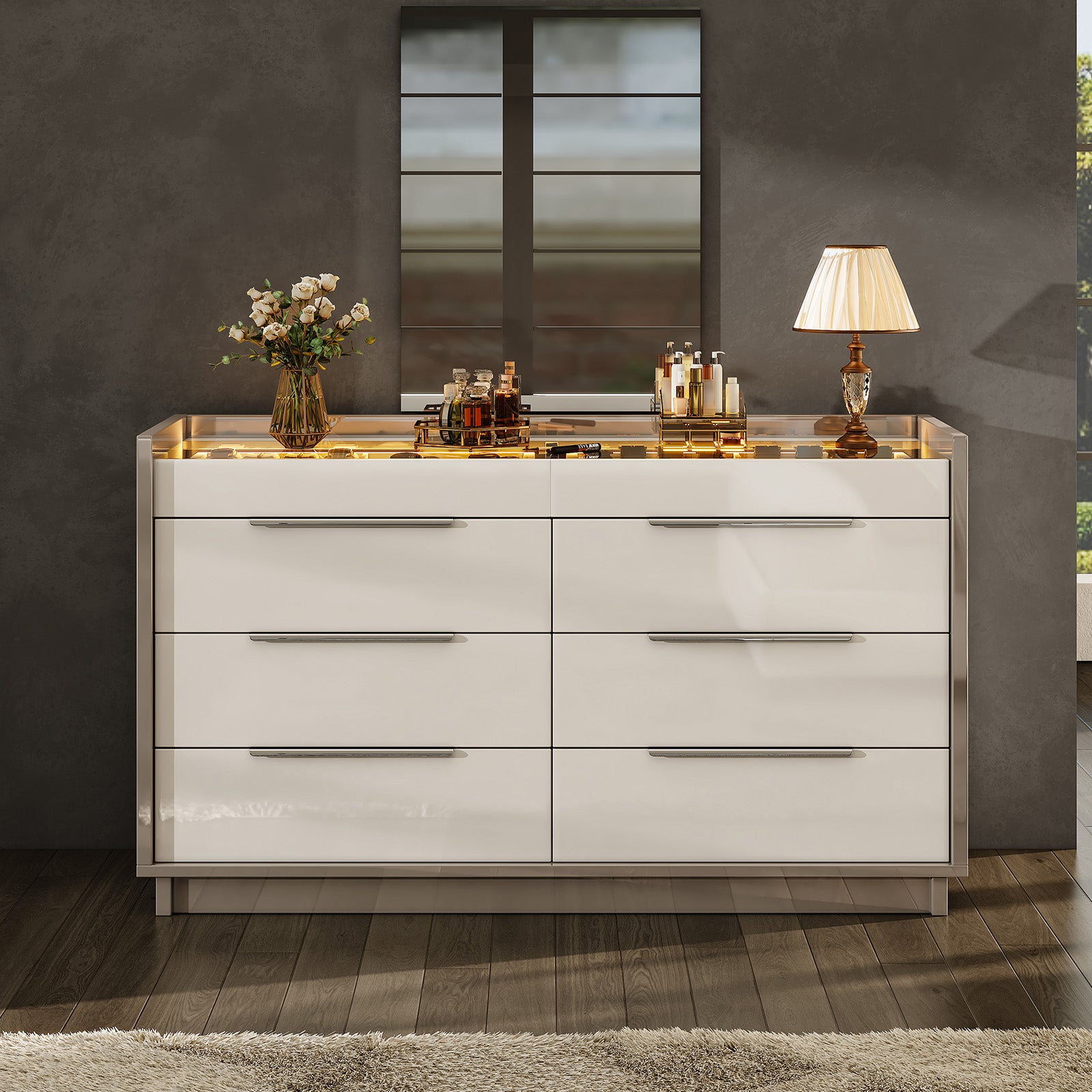 AMERLIFE Kino 47.2" High Gloss 8-Drawers Dresser Modern LED Light Drawers Bedroom Chest AMERLIFE Kino 47.2" High Gloss 8-Drawers Dresser Modern LED Light Drawers Bedroom Chest