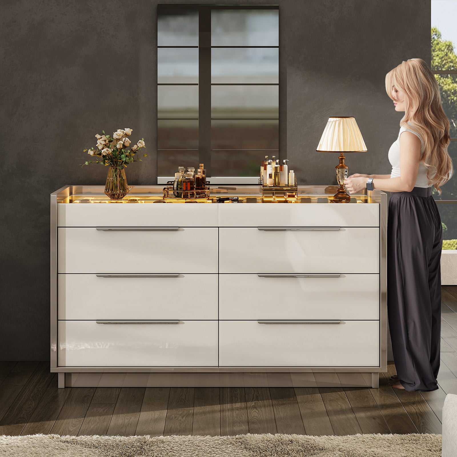 modern white dresser Amerlife Kino 47.2" High Gloss 8-Drawers Dresser Modern LED Light Drawers Bedroom Chest