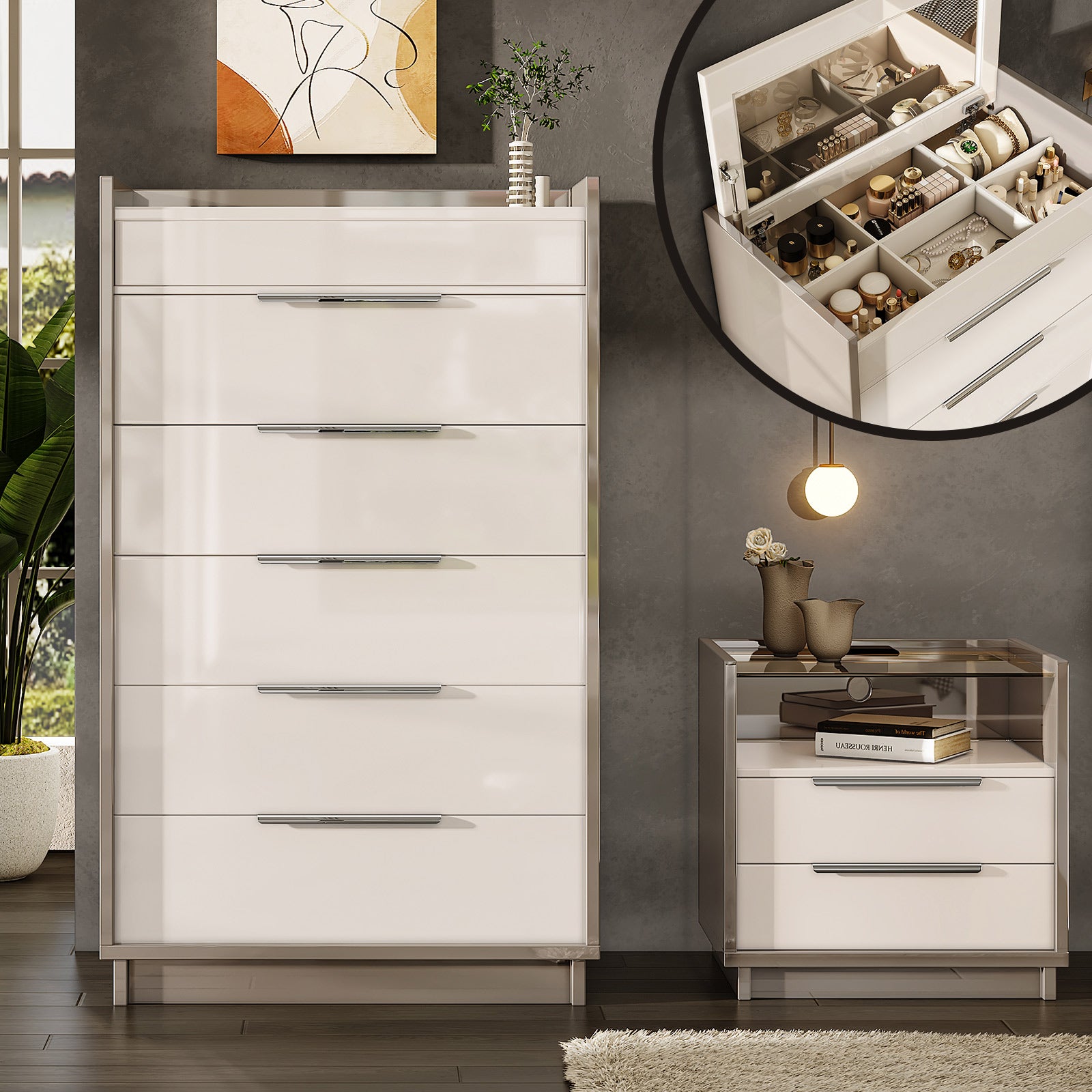 Amerlife Kino 5-Drawers Dresser High Gloss Lift Top Inside Mirror Bedroom Storage Dresser Amerlife Kino 5-Drawers Dresser High Gloss Lift Top Inside Mirror Bedroom Storage Dresser