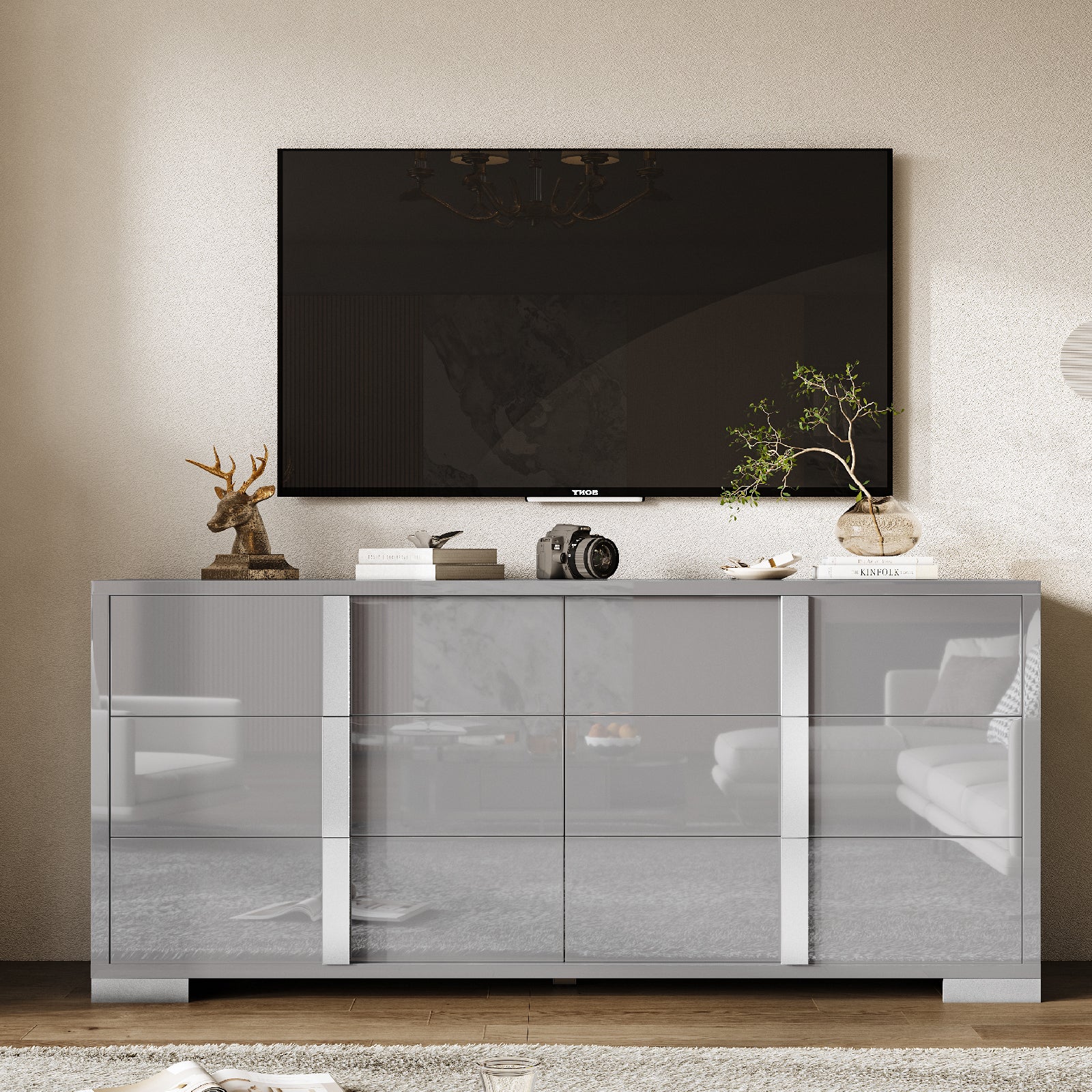 Amerlife Lena 6-Drawers Dresser 54" W High Gloss Silver Grooved Handles Modern Storage Chest Grey Amerlife Lena 6-Drawers Dresser 54" W High Gloss Silver Grooved Handles Modern Storage Chest Grey