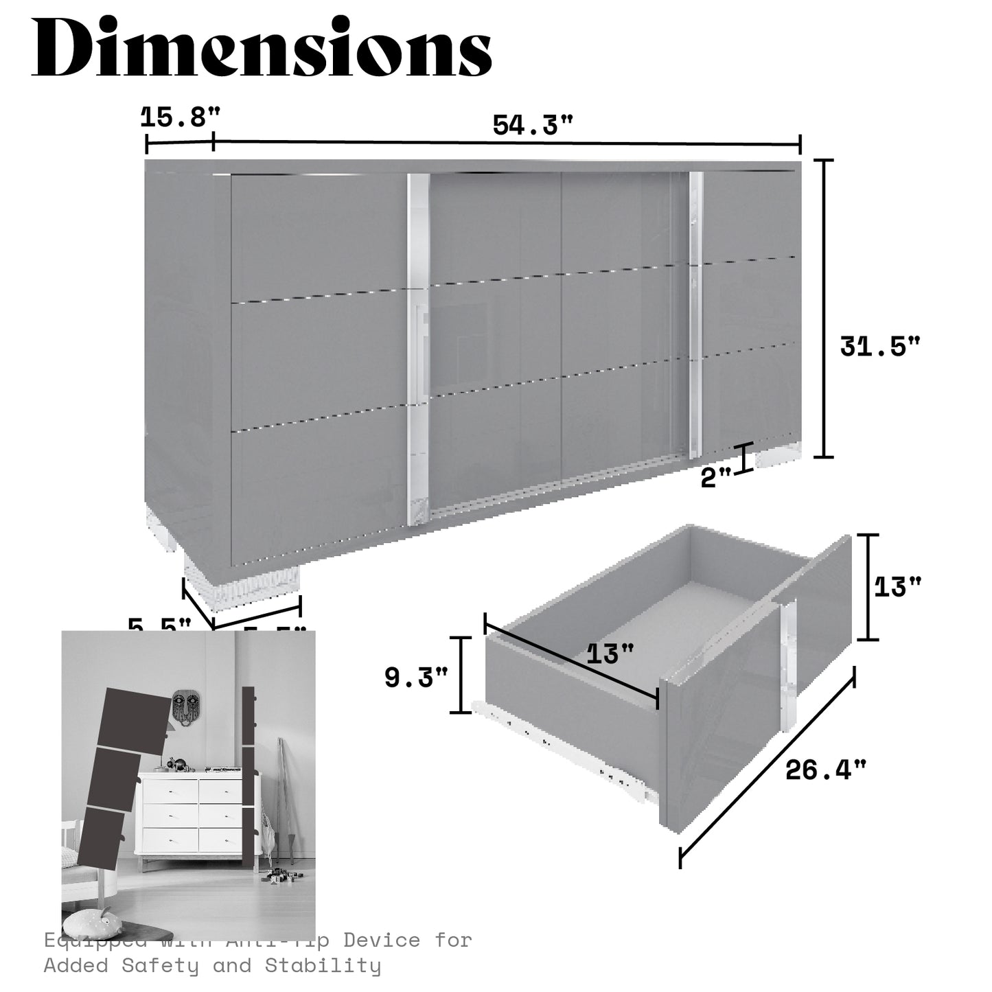 Lena 6-Drawers Dresser - Grey