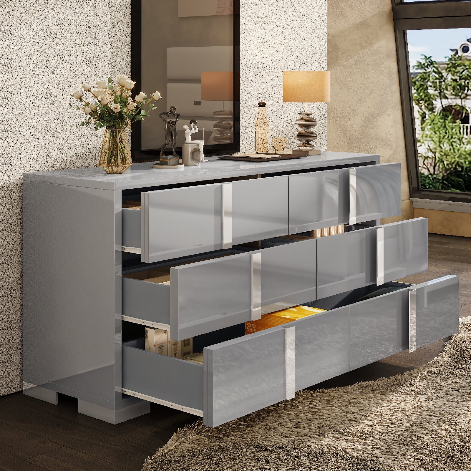 Amerlife Lena 6-Drawers Dresser 54" W High Gloss Silver Grooved Handles Modern Storage Chest Grey Amerlife Lena 6-Drawers Dresser 54" W High Gloss Silver Grooved Handles Modern Storage Chest Grey