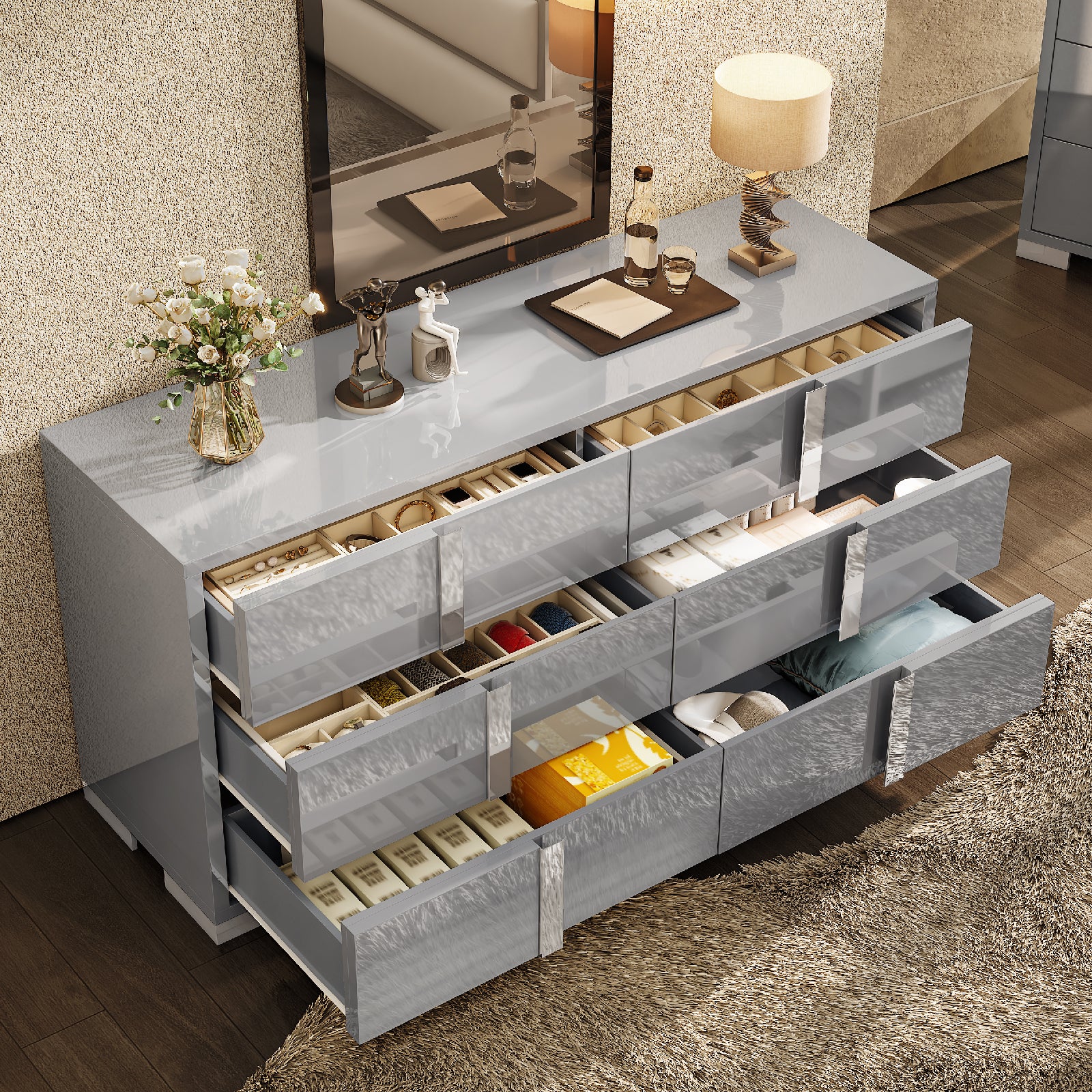 Amerlife Lena 6-Drawers Dresser 54" W High Gloss Silver Grooved Handles Modern Storage Chest Grey Amerlife Lena 6-Drawers Dresser 54" W High Gloss Silver Grooved Handles Modern Storage Chest Grey