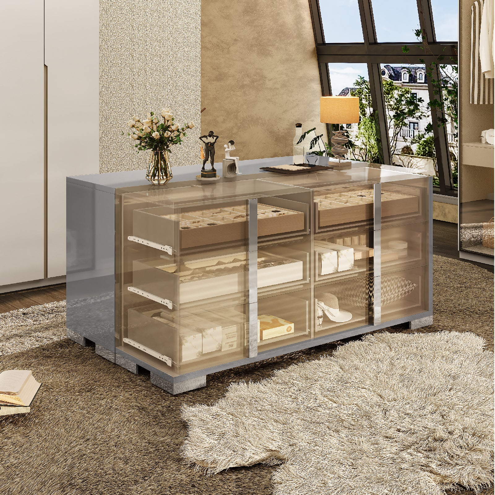 Amerlife Lena 6-Drawers Dresser 54" W High Gloss Silver Grooved Handles Modern Storage Chest Grey Amerlife Lena 6-Drawers Dresser 54" W High Gloss Silver Grooved Handles Modern Storage Chest Grey