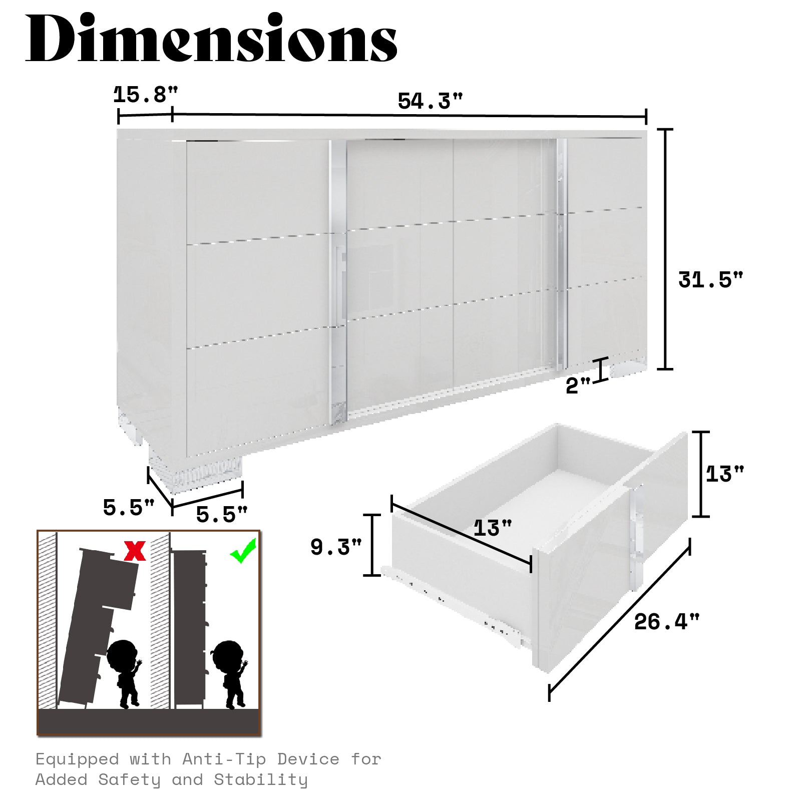 dimensions dresser Amerlife Lena 6-Drawers Dresser 54" W High Gloss Silver Grooved Handles Modern Storage Chest White
