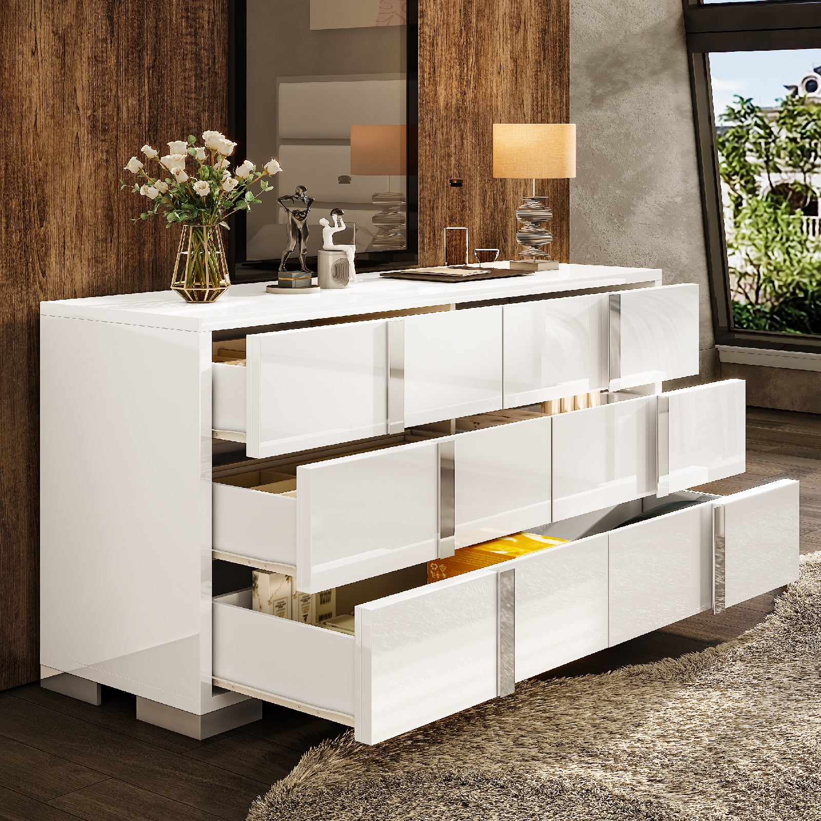 Amerlife Lena 6-Drawers Dresser 54" W High Gloss Silver Grooved Handles Modern Storage Chest Grey Amerlife Lena 6-Drawers Dresser 54" W High Gloss Silver Grooved Handles Modern Storage Chest Grey