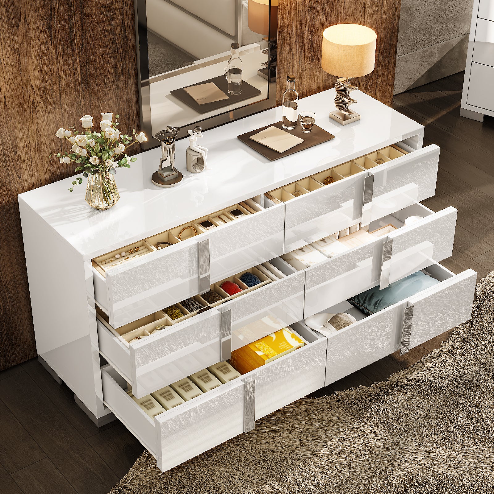 Amerlife Lena 6-Drawers Dresser 54" W High Gloss Silver Grooved Handles Modern Storage Chest Grey Amerlife Lena 6-Drawers Dresser 54" W High Gloss Silver Grooved Handles Modern Storage Chest Grey