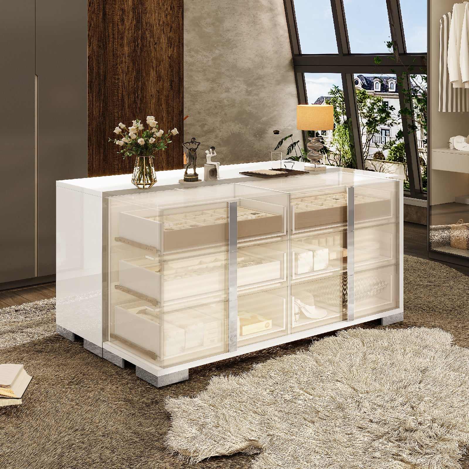 Amerlife Lena 6-Drawers Dresser 54" W High Gloss Silver Grooved Handles Modern Storage Chest Grey Amerlife Lena 6-Drawers Dresser 54" W High Gloss Silver Grooved Handles Modern Storage Chest Grey