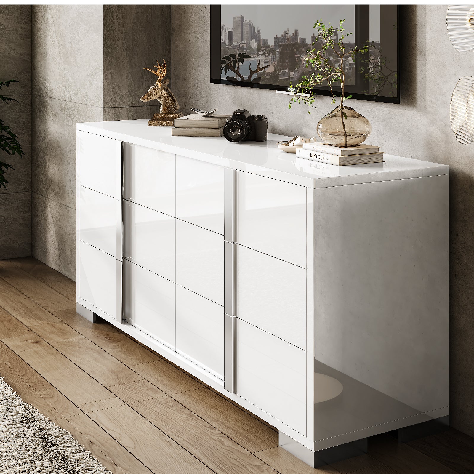 Amerlife Lena 6-Drawers Dresser 54" W High Gloss Silver Grooved Handles Modern Storage Chest White Amerlife Lena 6-Drawers Dresser 54" W High Gloss Silver Grooved Handles Modern Storage Chest White
