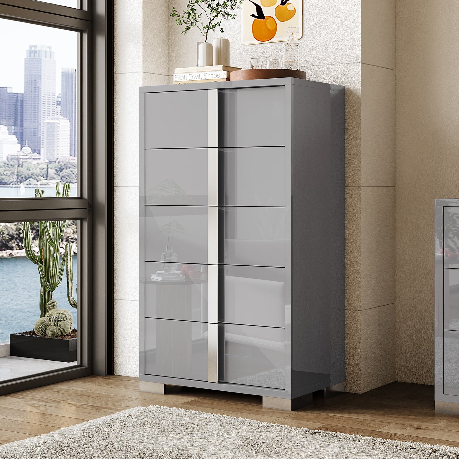 grey gloss dresser Ives 6-drawer Dresser Cabinet Grey High Gloss 224973