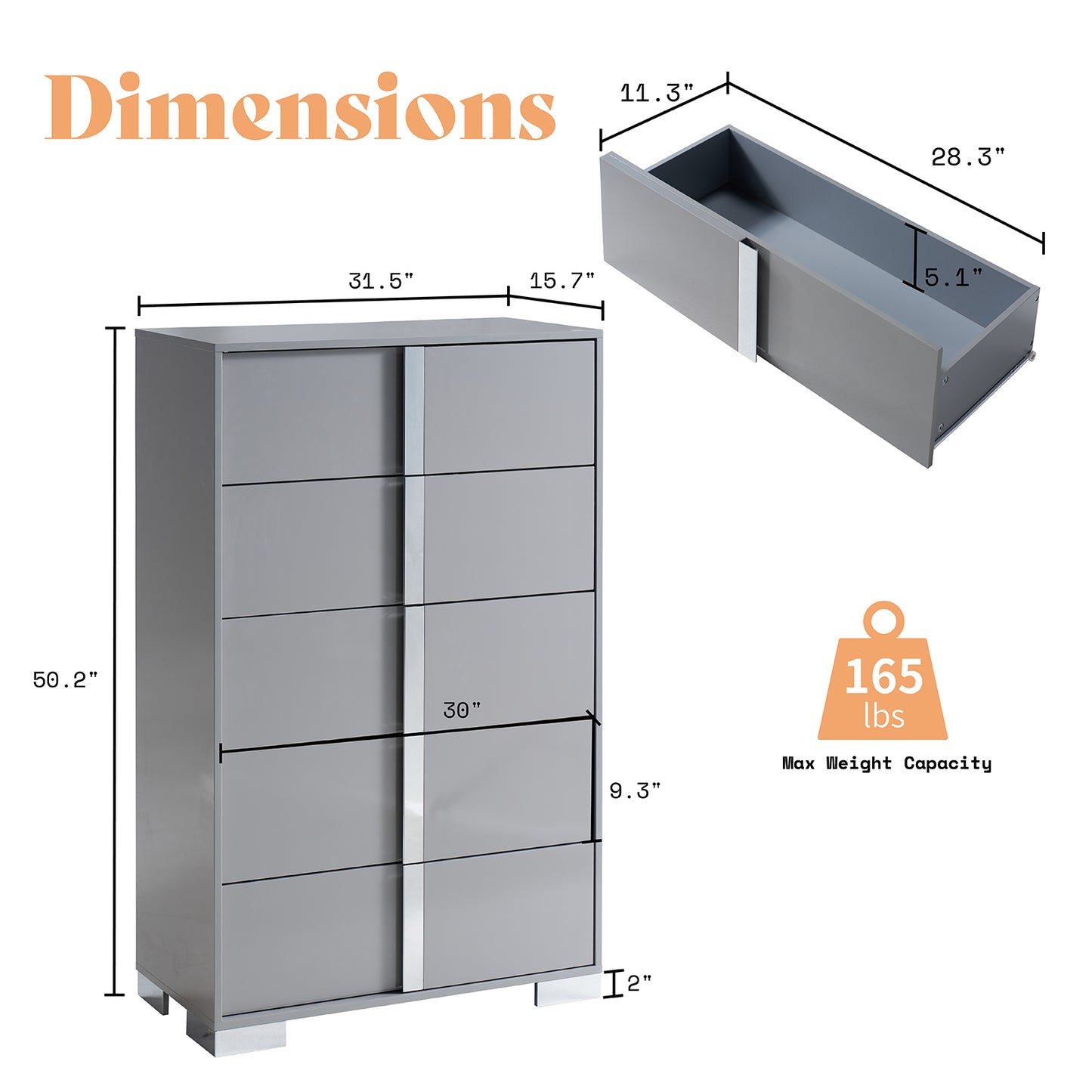 Lena 5-Drawers Dresser - Grey