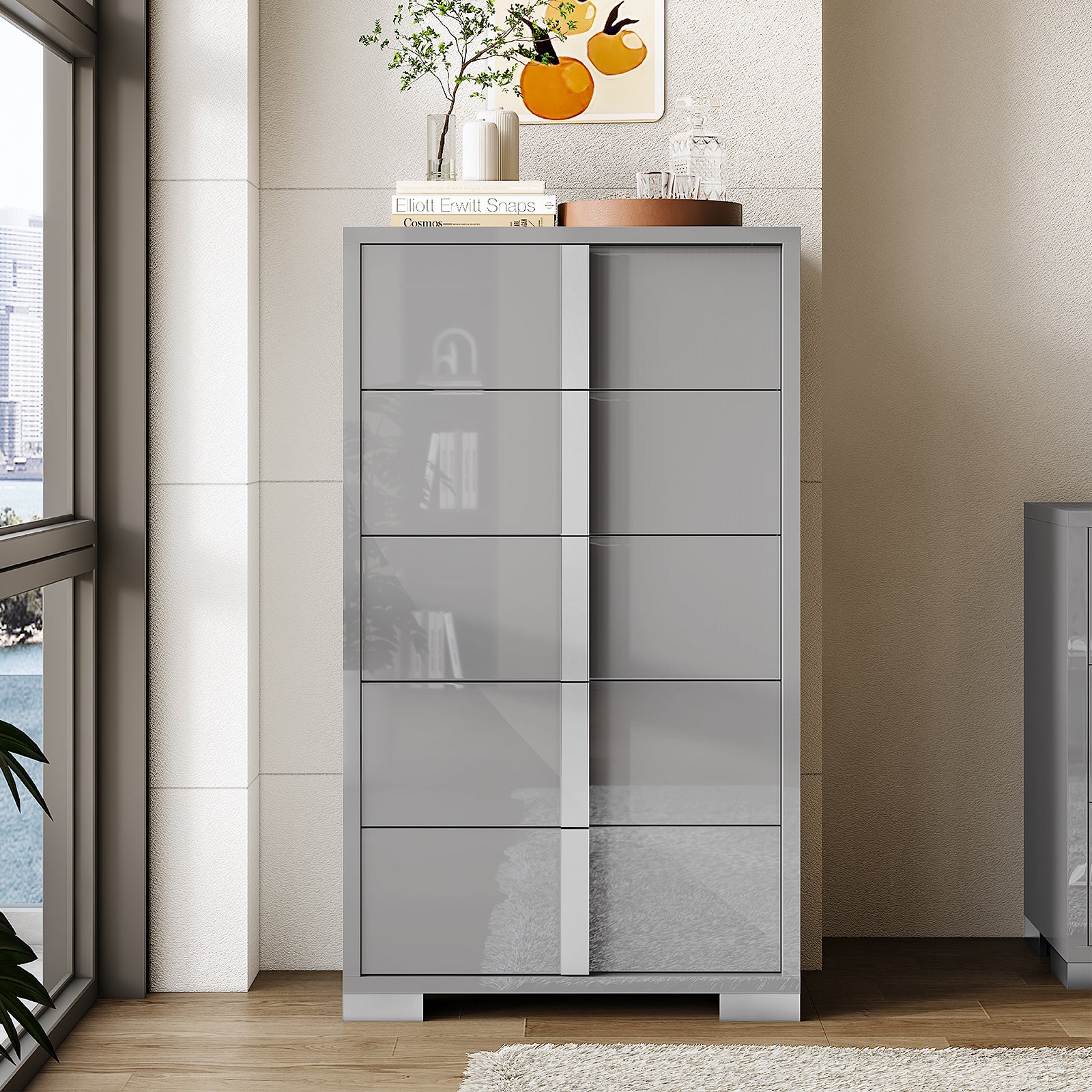 Amerlife Lena 5-Drawers Dresser 50.2" H Glossy Surface Chest Large Storage Organizer Grey Amerlife Lena 5-Drawers Dresser 50.2" H Glossy Surface Chest Large Storage Organizer Grey