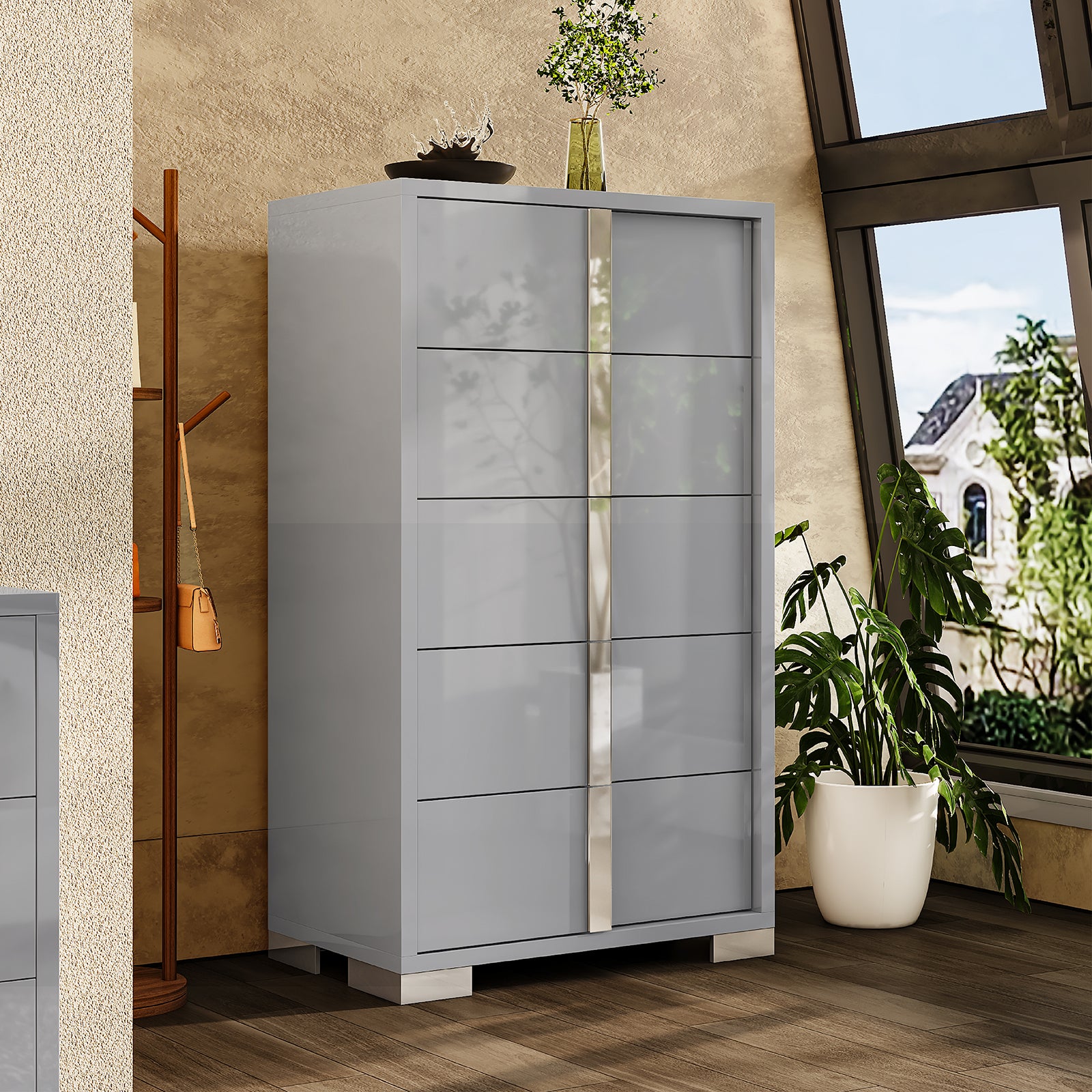 Amerlife Lena 5-Drawers Dresser 50.2" H Glossy Surface Chest Large Storage Organizer Grey Amerlife Lena 5-Drawers Dresser 50.2" H Glossy Surface Chest Large Storage Organizer Grey