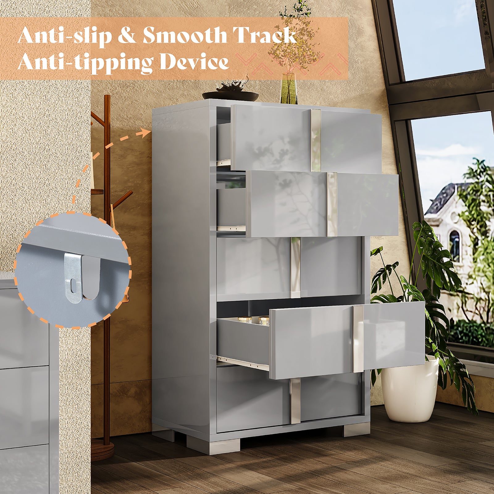 modern gray dresser Amerlife Lena 5-Drawers Dresser 50.2" H Glossy Surface Chest Large Storage Organizer Grey