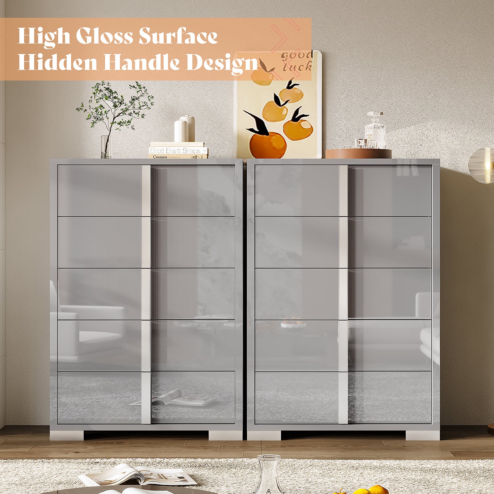 grey gloss dresser Ives 6-drawer Dresser Cabinet Grey High Gloss 224973